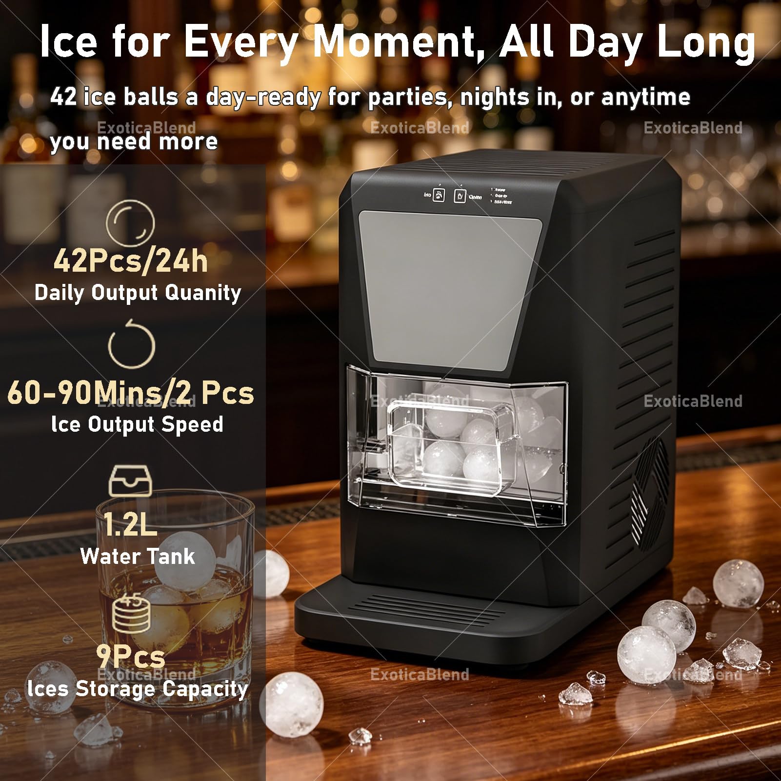 Máquina de Hielo de Sobremesa de 5 cm (2"), 2 Cubitos en 60-90 Minutos, 42 Cubitos al Día, Máquina de Hielo Esférica Autolimpiante para Whisky, Bourbon y Cócteles White
