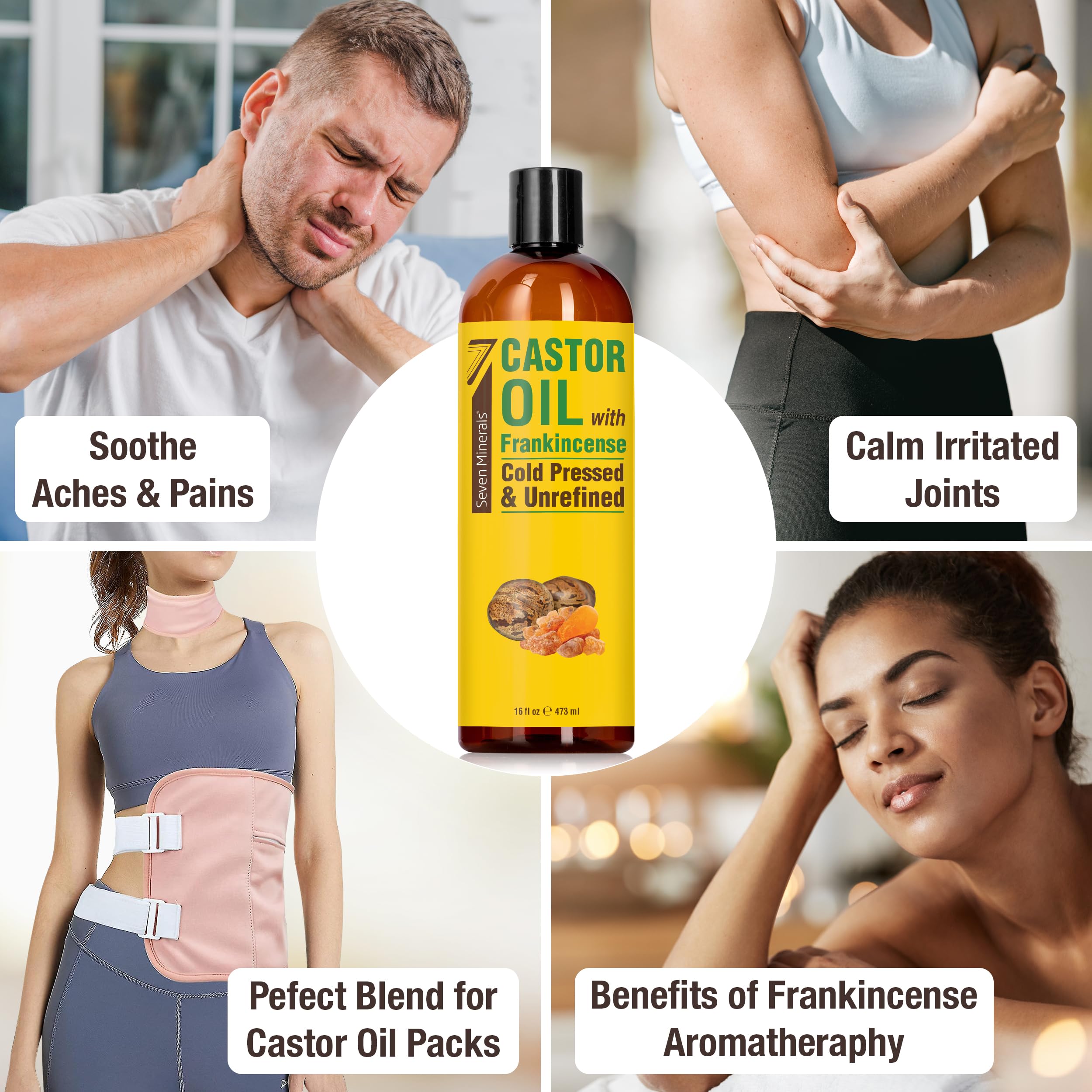 Seven Minerals Cold Pressed Castor Oil with Frankincense - 16 fl oz Bottle - Unrefined & Hexane Free - Hair Growth, Thicker Eyelashes & Eyebrows, Dry Skin Care, Joint and Muscle Relief (Pack of 1)