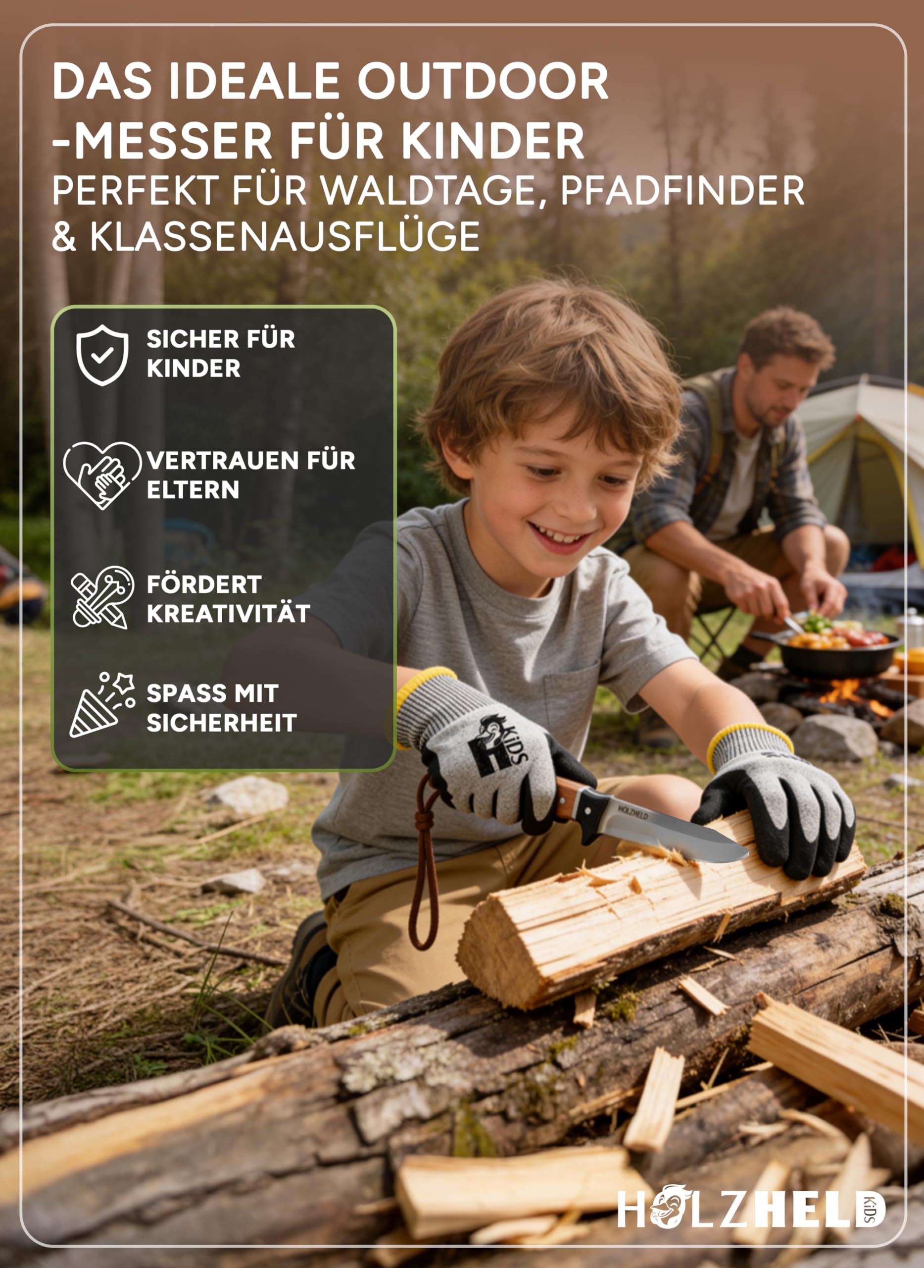 HOLZHELD - Schnitzmesser Kinder mit Gürteltasche inkl. schnittfeste Handschuhe - sicheres Taschenmesser - Schnitzset - Schnitzen Kinder - Kindermesser ab 5, 6, 7, 8, 9, 10 Jahre - Größe 6