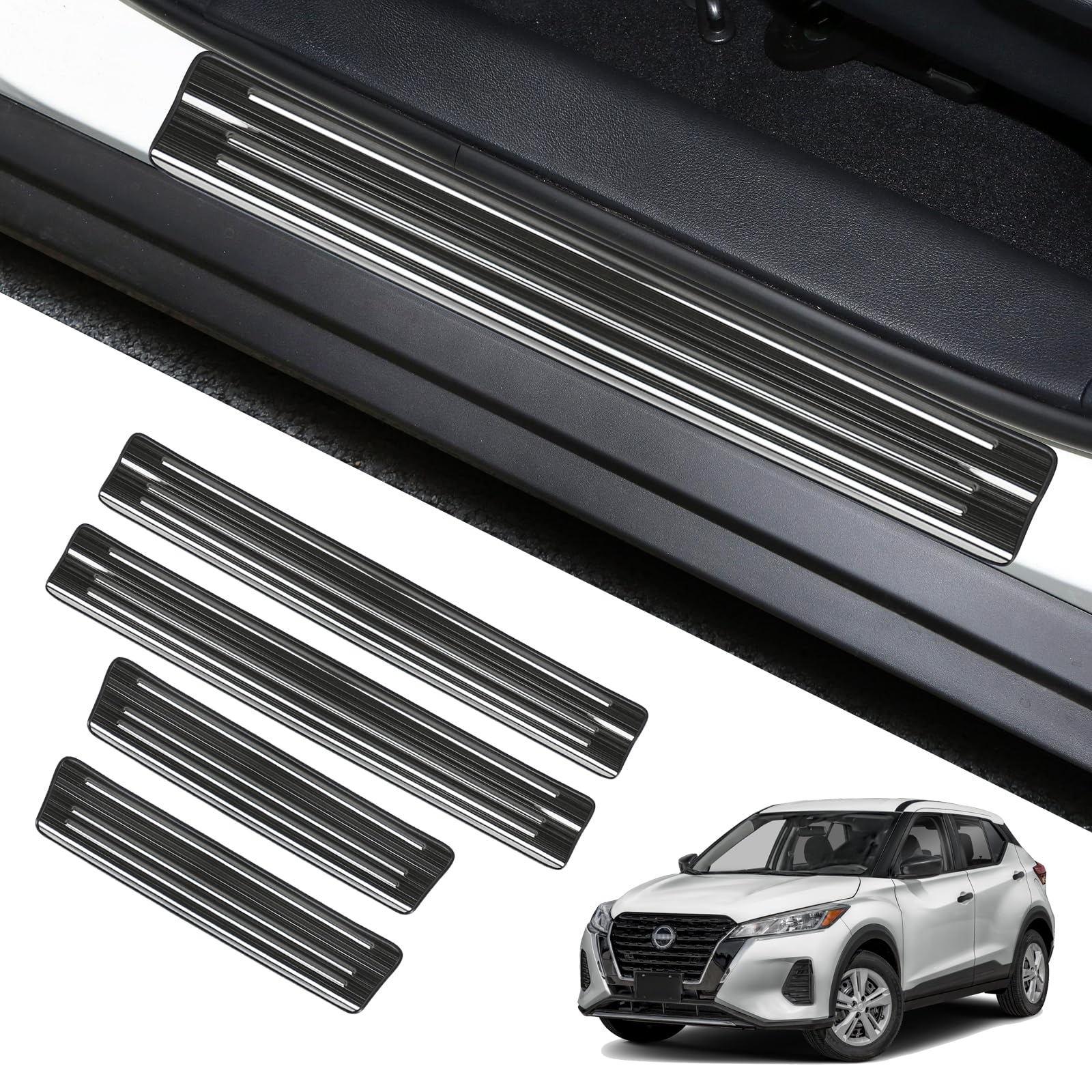 YOJOJOCO Door Sill Protector for Nissan Kicks 2025 2024 2023 2022 2021 2020 2019 2018 Accessories Stainless Steel Front and Rear Door Car Pedal Kick Guards Protection (Black Brushed)