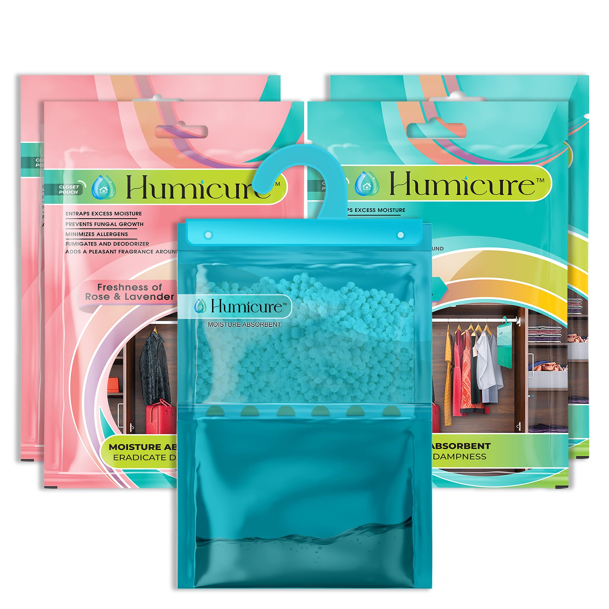 Humicure Moisture Absorber Dehumidifier Hanging Bags with 1 Litre Absorption Capacity for Wardrobe, Bathroom, Kitchen and Bedroom; Prevents Mould & Fungus (Pack of 4, 400gram each, Rose & Ocean)
