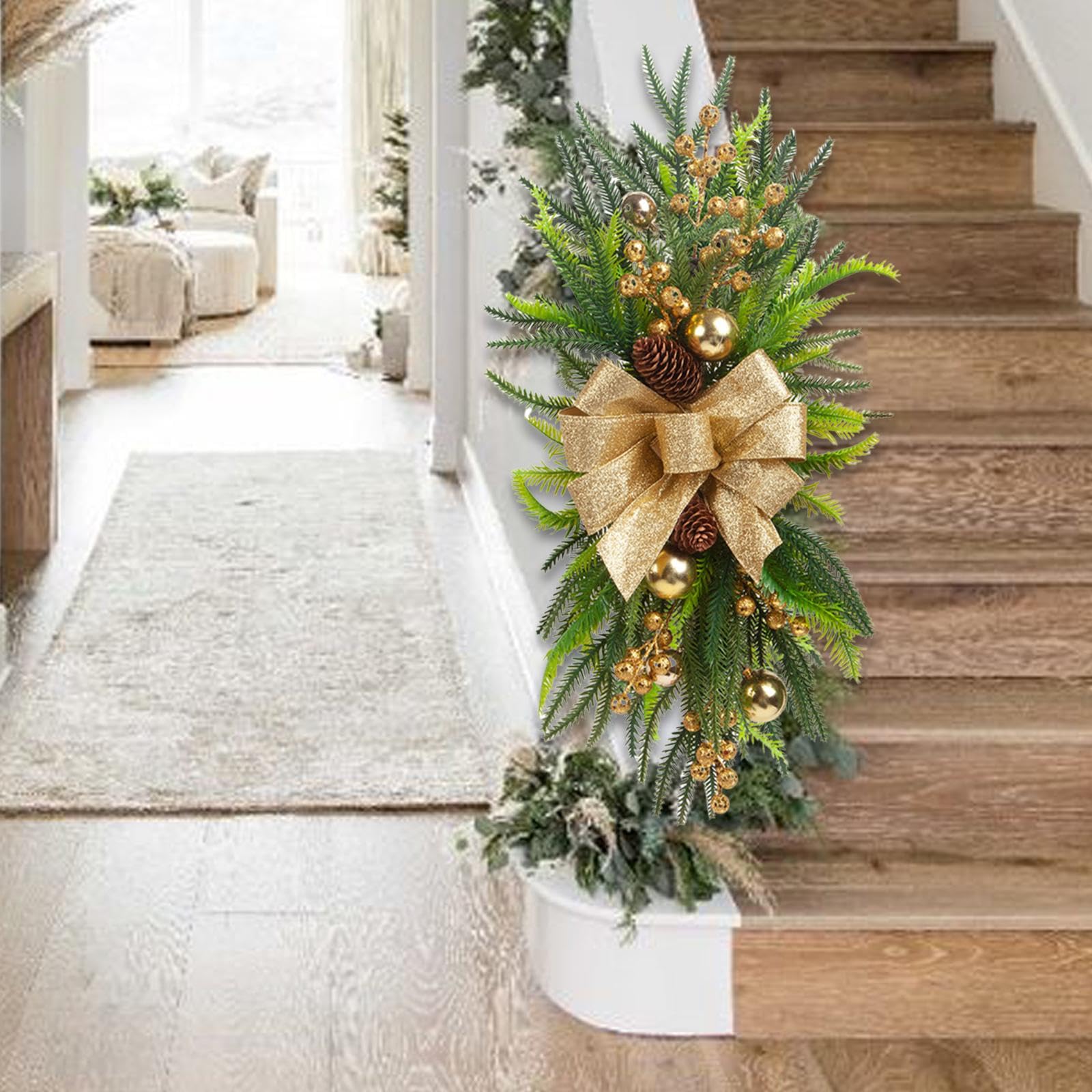 Guirnalda de Navidad Artificial Decorativa con Ramas Lazo Bolas Y Bayas Hecha de PP Y Tela Adecuada para Escalera Puerta Ventana Regalo Decoración del, Oro, Individual