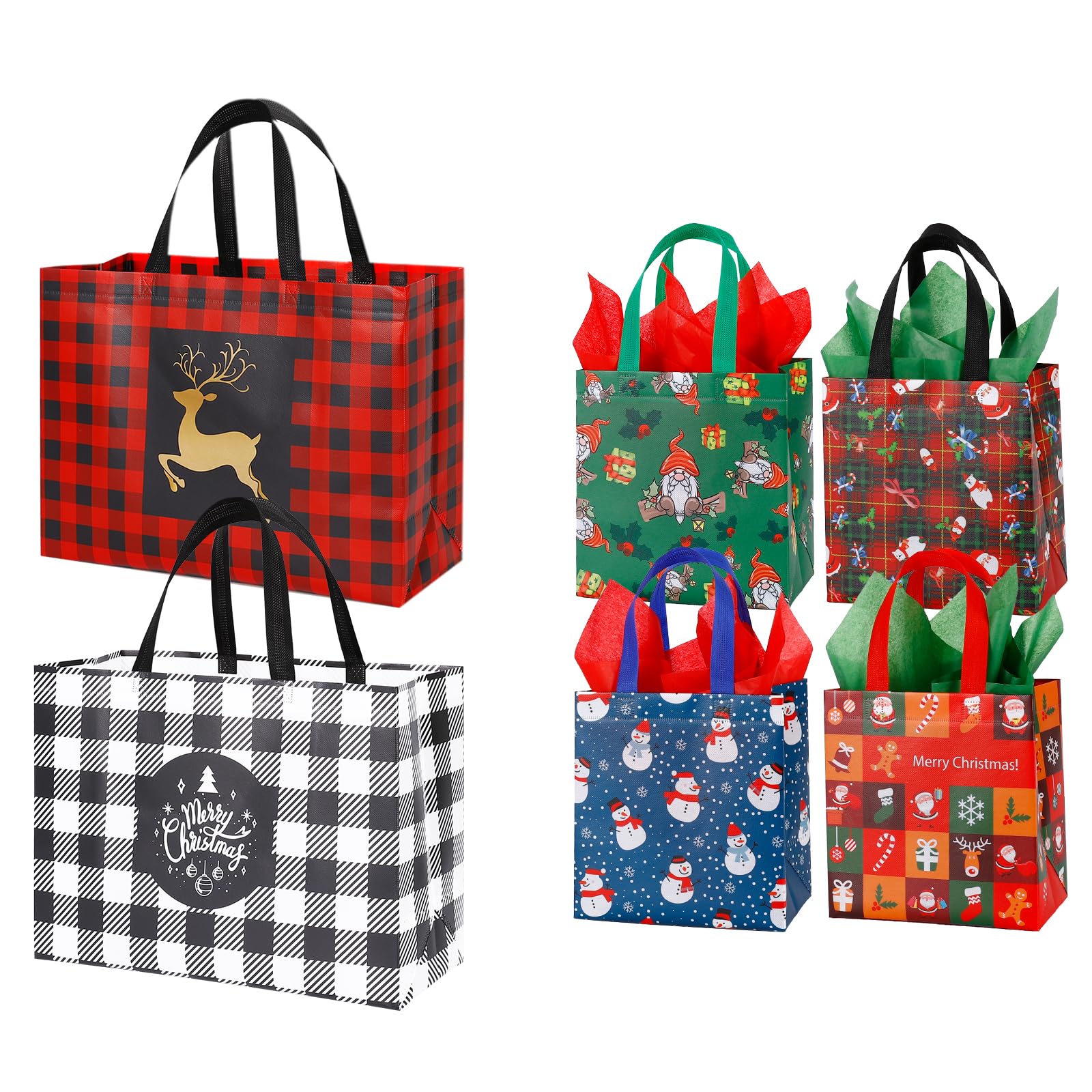 YANGTE 32 Pack Christmas Gift Bags Assorted Sizes, 8 Extra Large & 24 Small Reusable Christmas Tote Bags with Handles, Non-woven Christmas Bags for Xmas Party Favors, Gift Bags Christmas