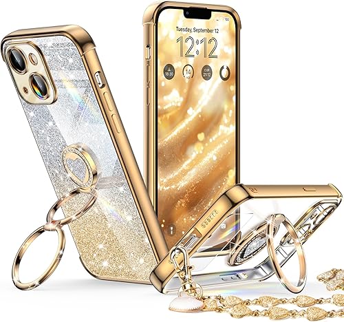 Miniatura 23 de XYZ Funda para iPhone 14 con soporte, funda para teléfono con soporte de doble anillo, para mujeres y niñas, funda transparente con purpurina de Oro