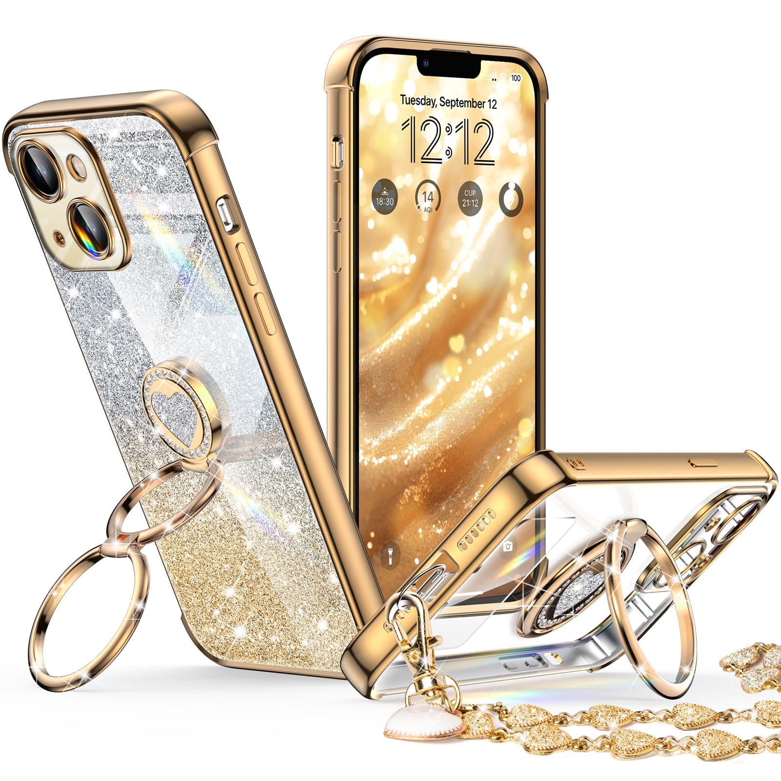 XYZ for iPhone 14 Plus Case with Stand, Phone Case with Double Ring Kickstand, Women Girls Bling Luxury Glitter Clear Phone Case Cover Heart for