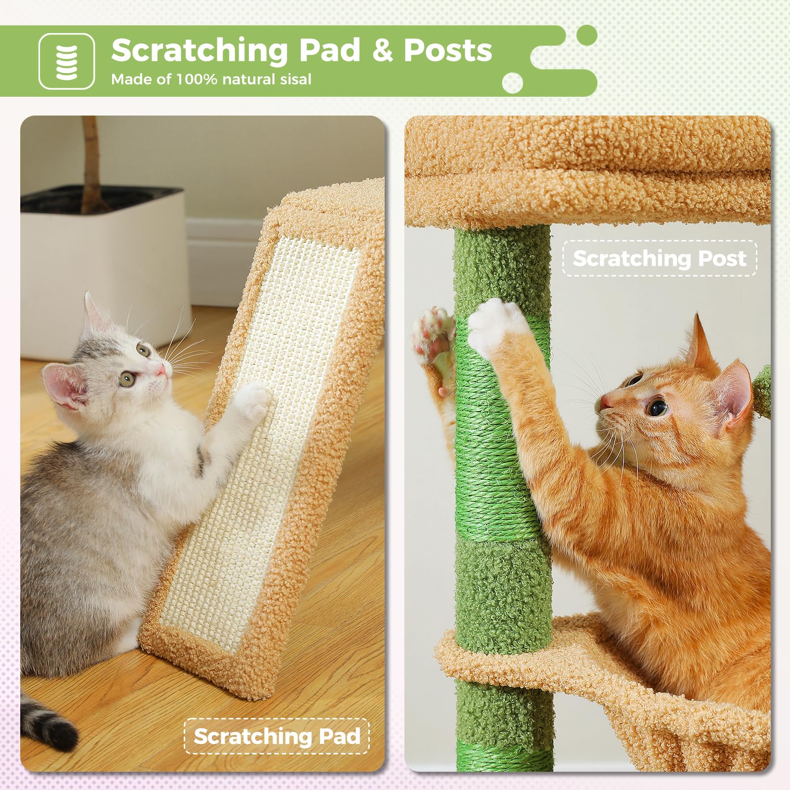 PAWZ Road, Struttura ad albero per gatti, da interni, con spaziosa cuccia, 1 piano in sisal, 3 pali tiragraffi, grande amaca e trespolo, 90 cm, verde