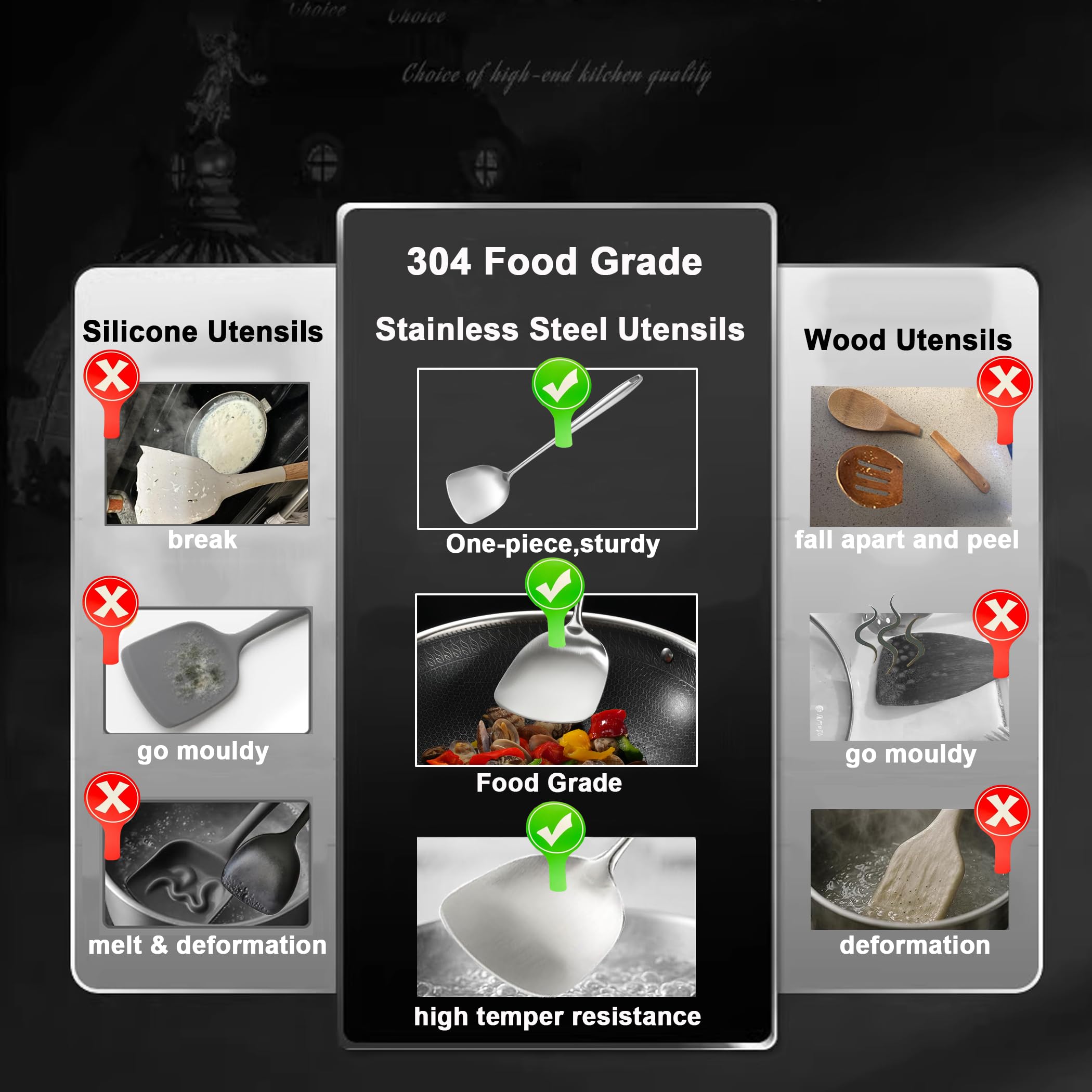 Utensilios de cocina de acero inoxidable, juego de 6 utensilios de cocina profesionales de metal, espátula wok, cucharón, espumante, espátula ranurada, cuchara de espagueti, cuchara grande de