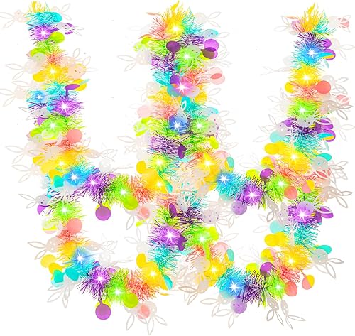 Gloreyan Guirnalda de oropel de Pascua de 20 pies19.7 ft con luces LED, huevo de Pascua preiluminado, guirnalda de oropel con giro metálico,