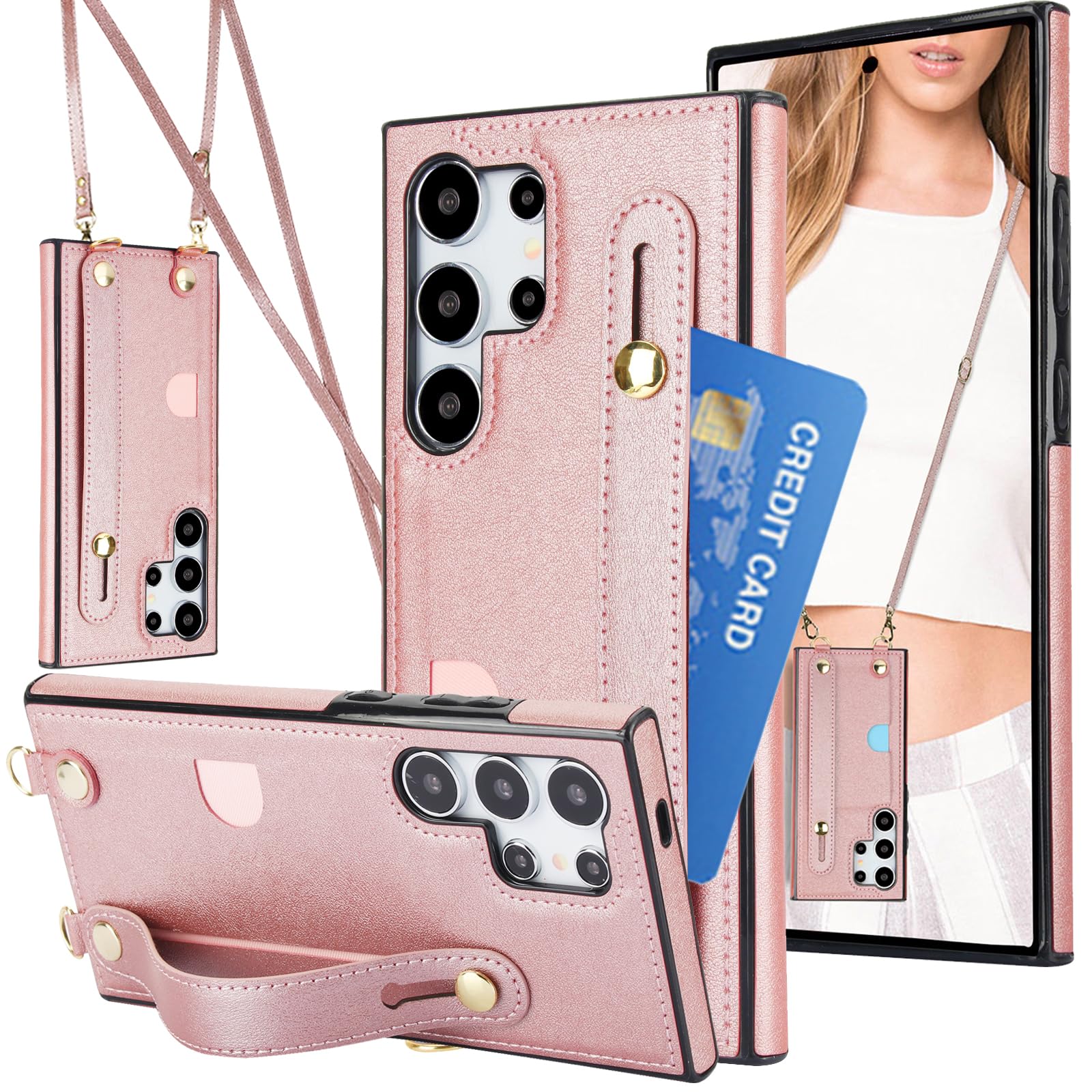 CCSmall for Samsung Galaxy S24 Ultra Crossbody Case with Card Slot Holder, Removable Adjustable Shoulder Lanyard Cover with Wrist Strap Kickstand for