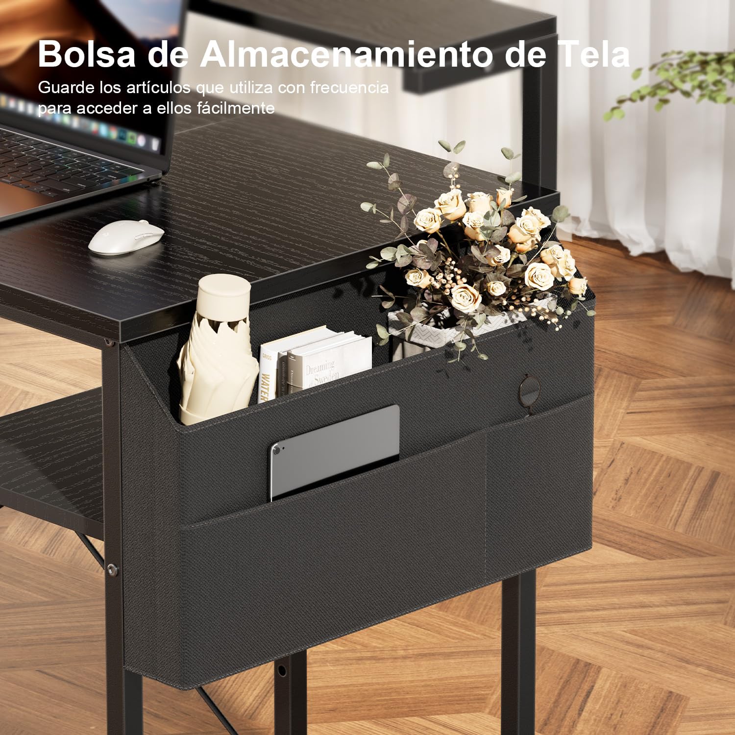 SOLAVERO LED Escritorio 100 x 48 cm, Mesa Escritorio Pequeña con Soporte de Monitor, Mesa Ordenador con Bolsa de Almacenaje, Estante Ajustables, para Oficina en Casa, Estudio y Juegos, Negro