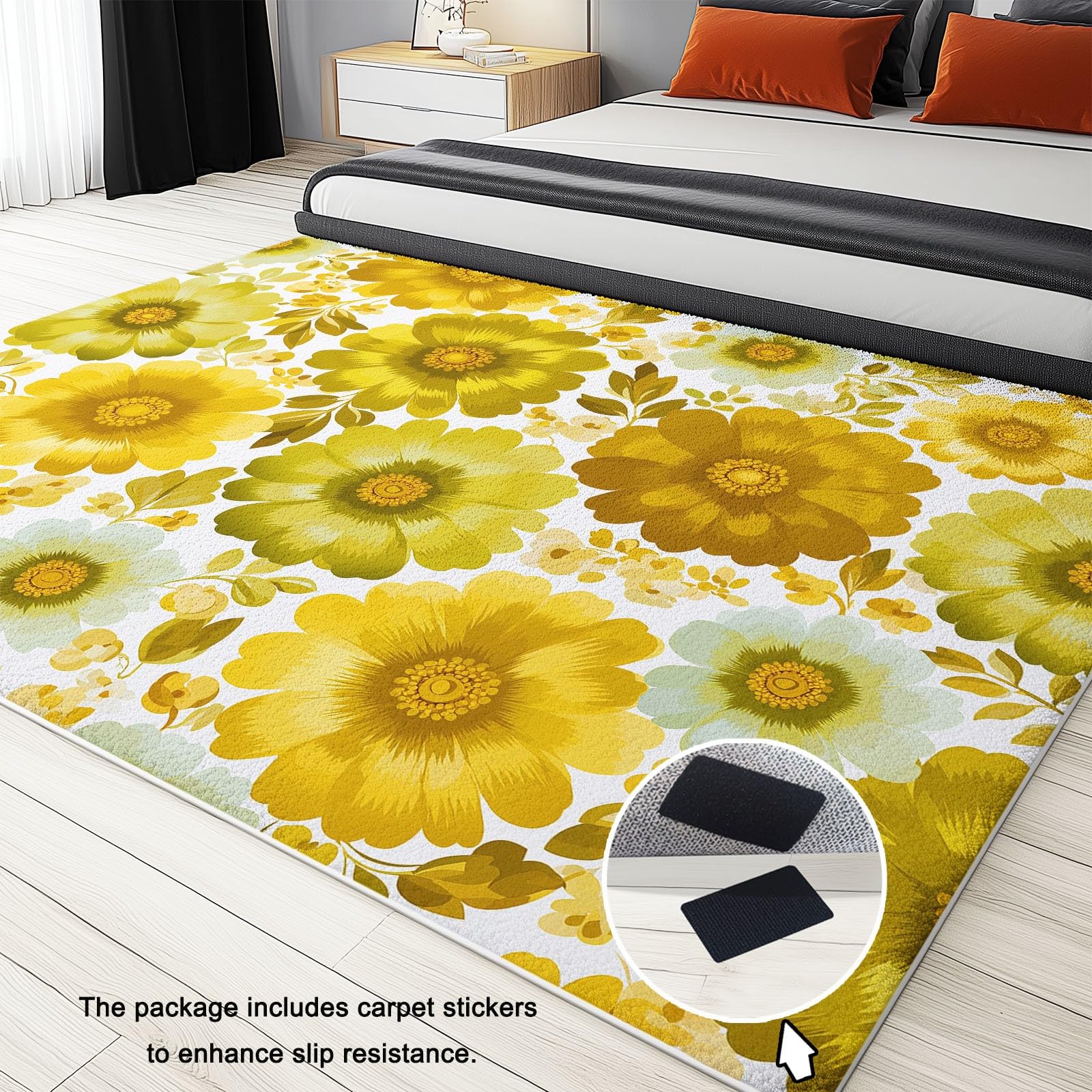 Dywan dziecięcy Retro Kwiaty Rośliny 180 x 240 cm - Wycieraczka do drzwi do wnętrz i na zewnątrz Żółta antypoślizgowa i pyłoszczelna wodoodporna mata wejściowa dla nastolatków dziewcząt