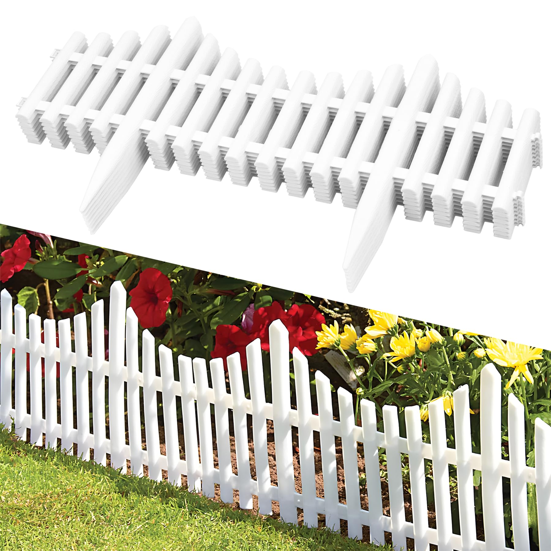 KCT 4 Packs White Picket Fence Garden Border - Interlocking Flexible Lawn Plant Flowerbed Panels - 32 Pieces Total