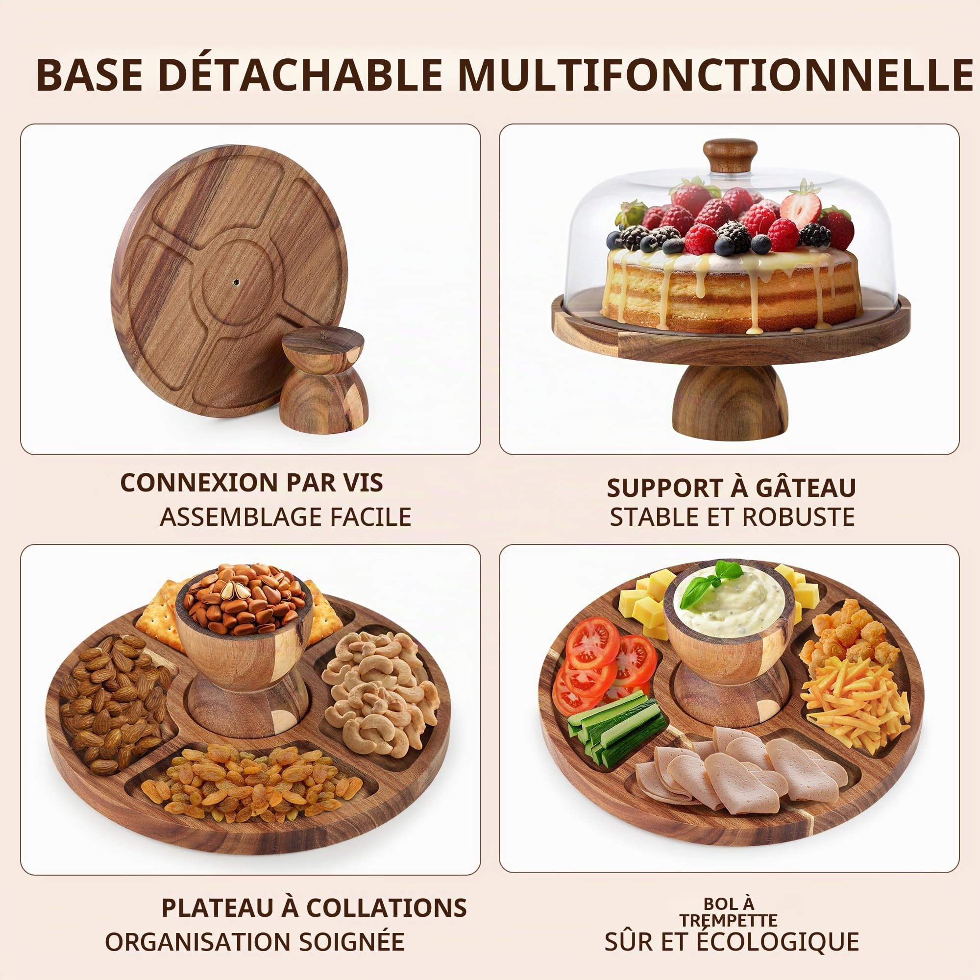 Présentoir à gâteau 30cm en bois | plateau gâteau double face, support gâteau multifonction avec socle amovible et cloche à gâteau PET transparente | Idéal mariage, fête, après-midi thé