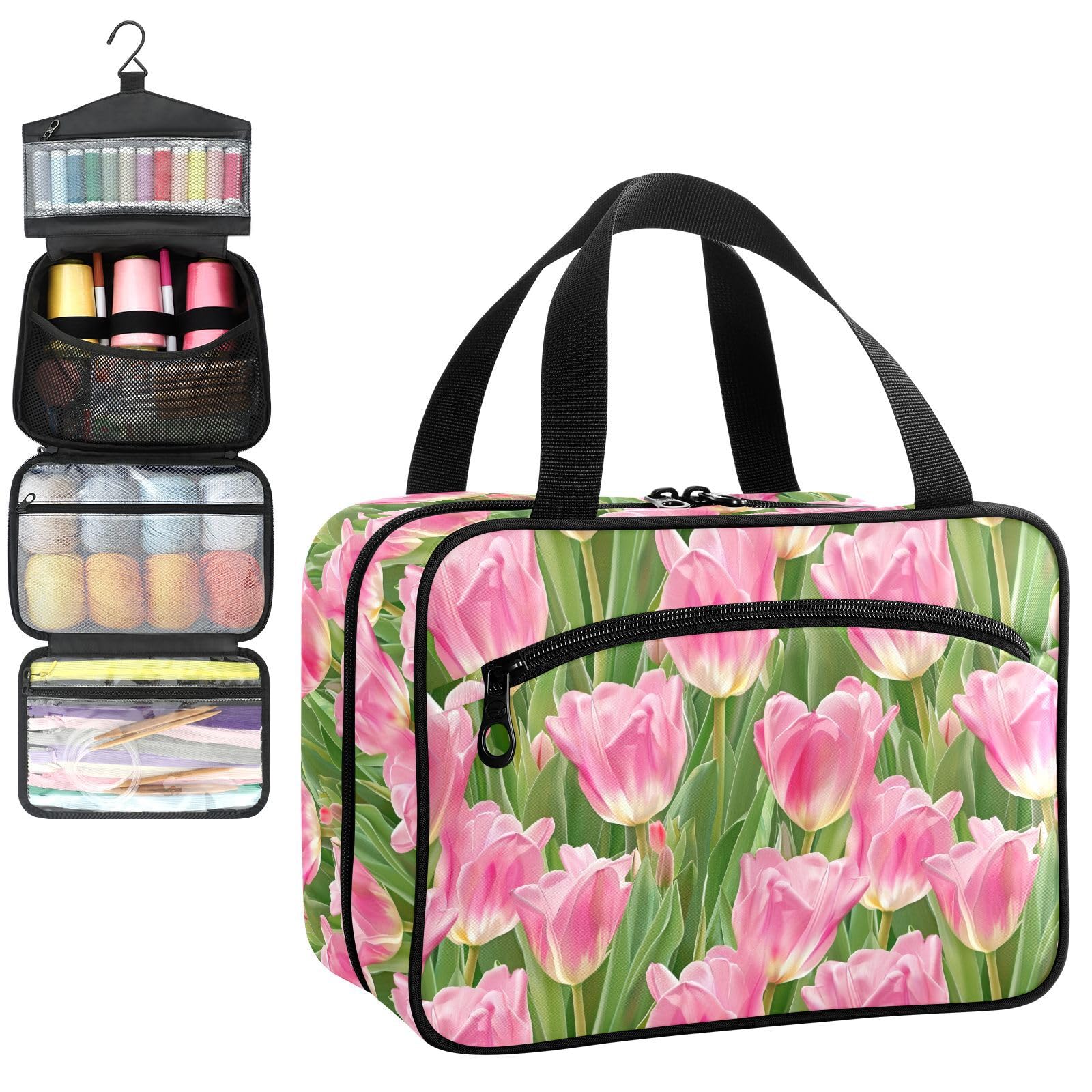 YNNALE Sewing Supply Organizer Bag, Pink Tulip Flower with Green Leaves Portable Sewing Bags with Pockets&Hanger, Sewing Storage Box Case for Sew Supplies/Kit/Tools/Accessories (BAG ONLY)