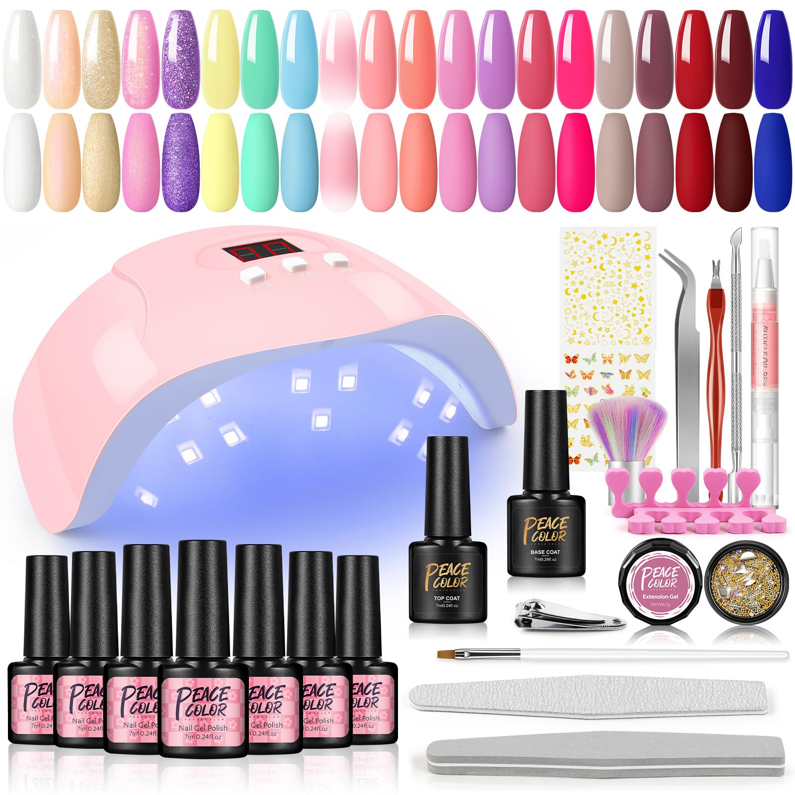 PEACECOLOR Kit Uñas Semipermanentes 20 Colores* 7ML Esmalte Semipermanente Gel Uñas 36W Lámpara Secador de Uñas UV/LED con Capa Base y Superior Herramientas de Manicura