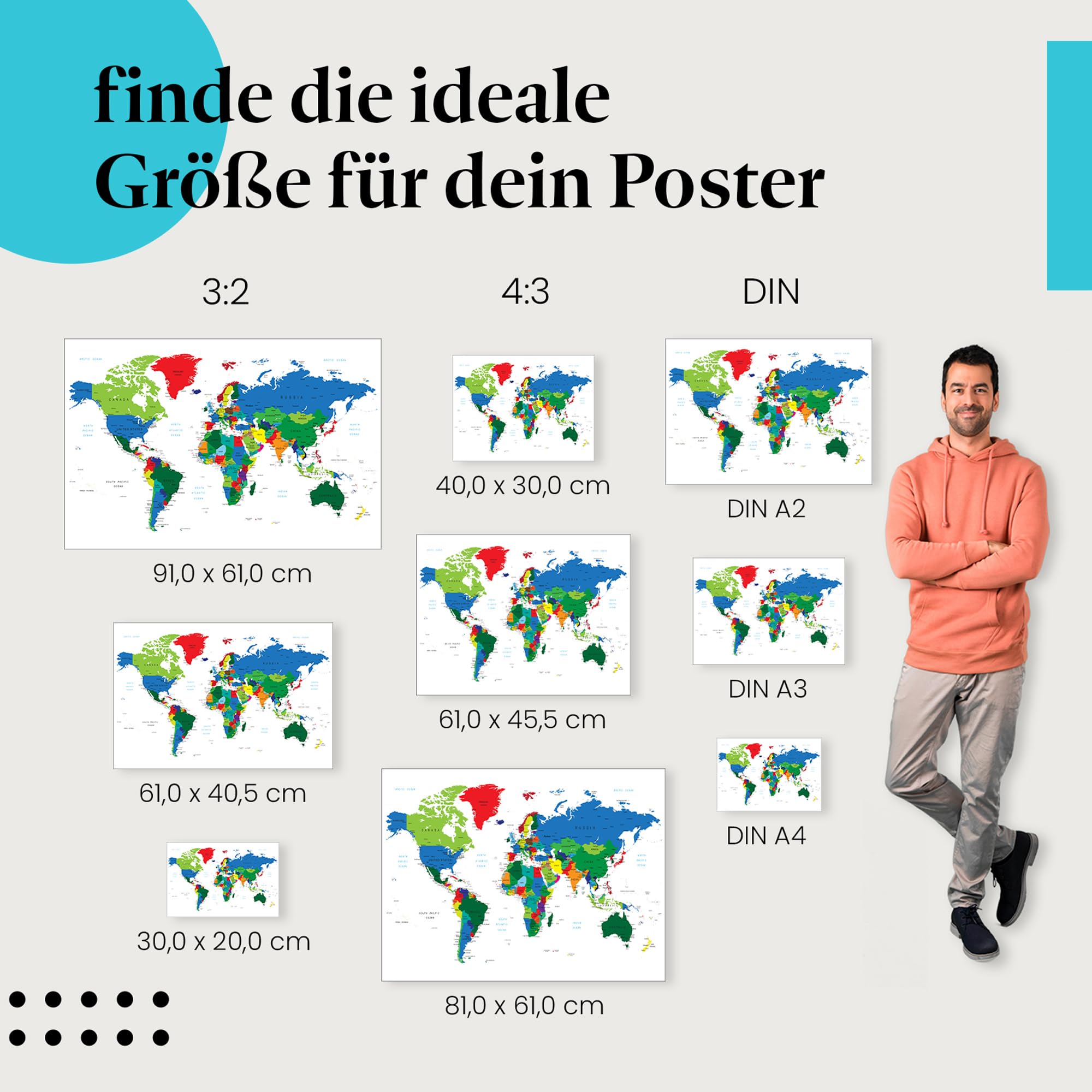Postereck - 0666 - Politische Weltkarte, Land Hauptstadt Kontinent - Unterricht Klassenzimmer Schule Wandposter Fotoposter Bilder Wandbild Wandbilder - Leinwand - 100,0 cm x 75,0 cm