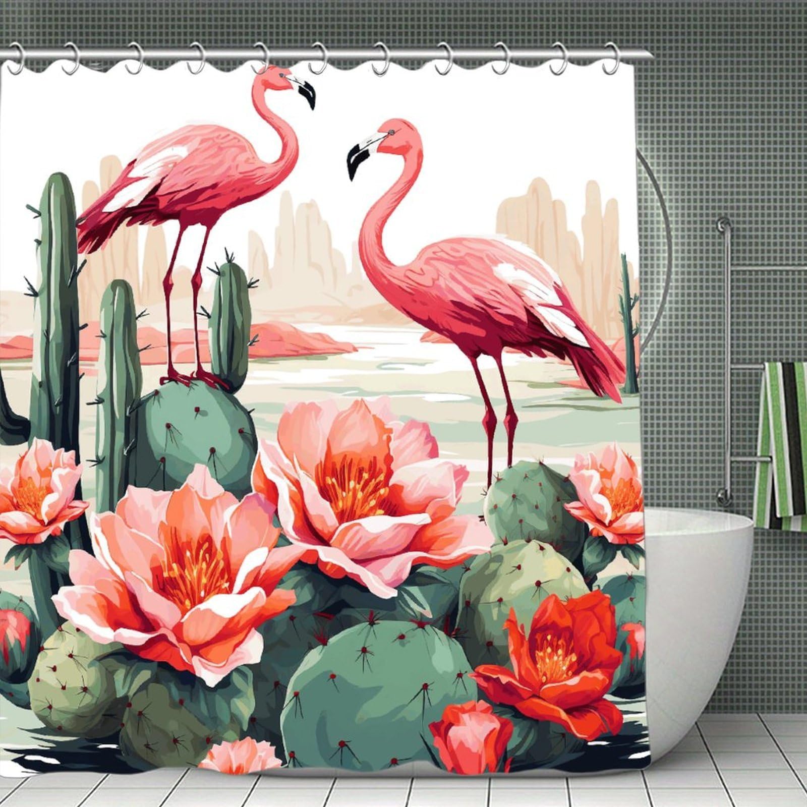 QMNLKH Cactus Flamingo Rose Flowers Shower Curtain with Hooks, Waterproof Bath Curtains for Bathroom, Lightweight Bath Curtains Liner for Hotel, Personalized Bath Curtain for Spa, 70.8 Inch