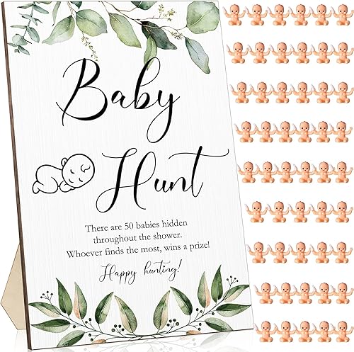 51 piezas de juegos de baby shower incluyen letrero de madera para caza del bebé, 50 mini bebés de plástico para bebés, niños y niñas, juegos de