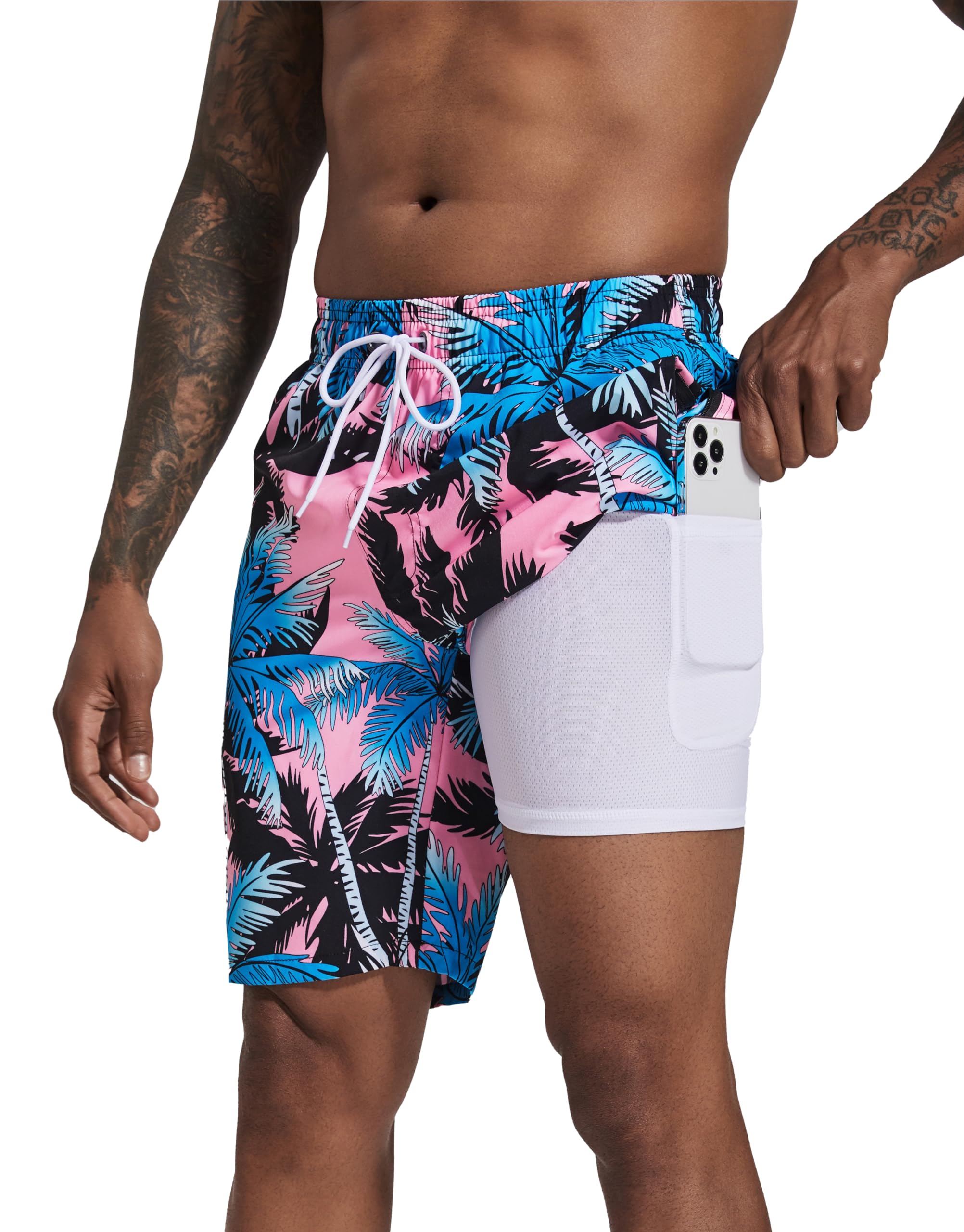 difficort Mens Swim Trunks with Compression Liner Quick Dry Bathing Suits Shorts with Zipper Pockets