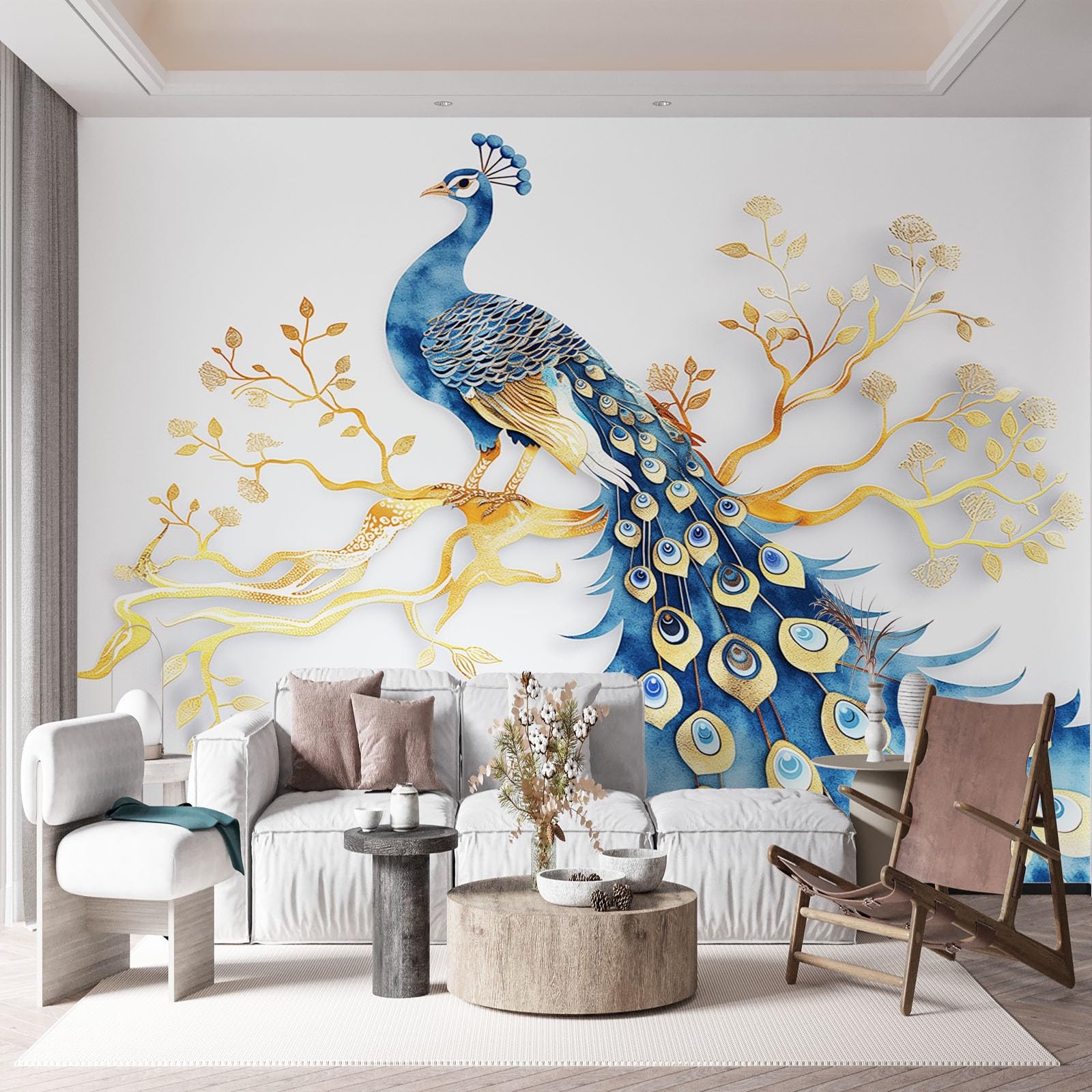 Vlies Fototapete 350x256 Cm Wald Pfau Vintage - 3D Effekt Wandtapete Wasserdicht