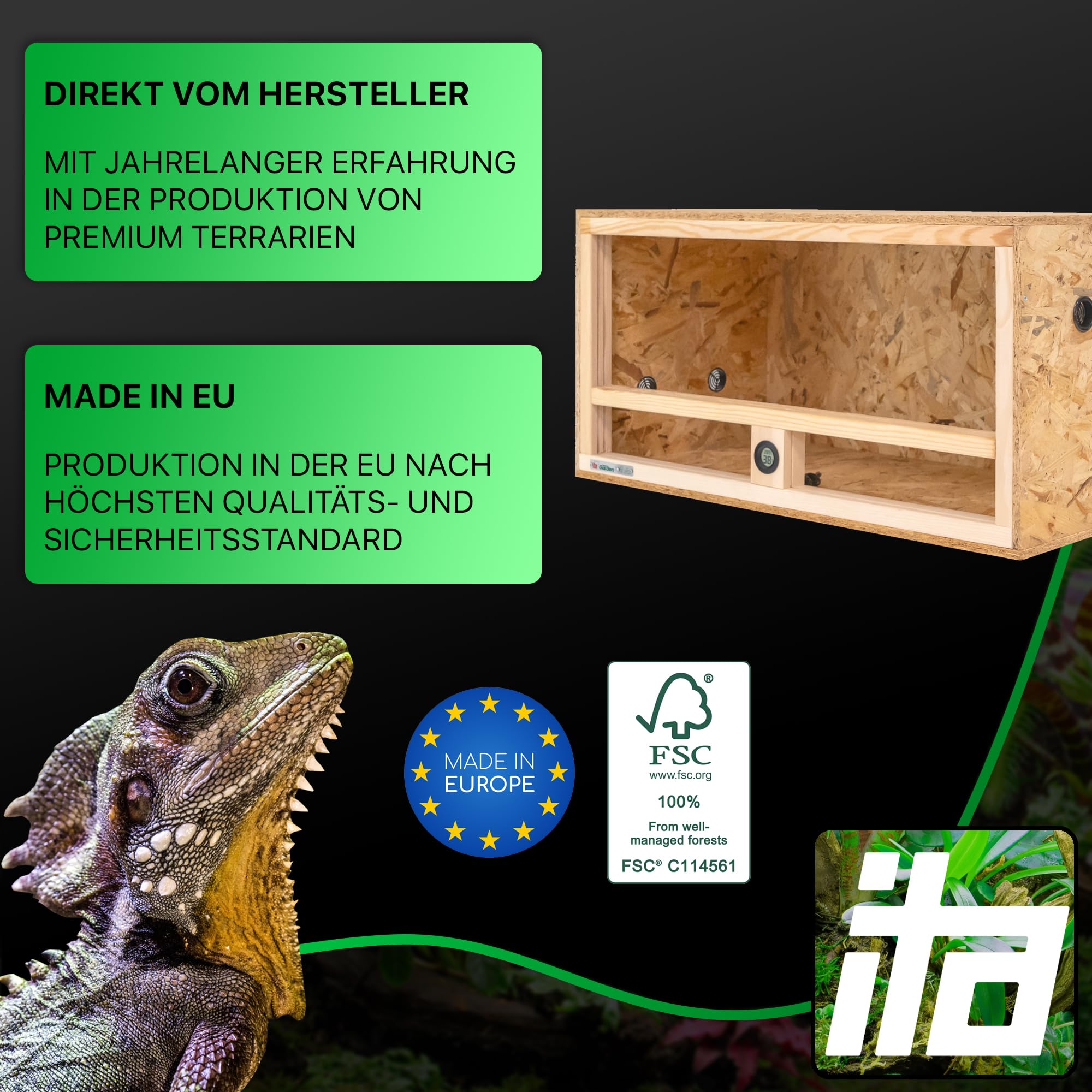 ITA Holz Terrarium 80x40x40 cm mit Seitenbelüftung & Integriertem Hygrometer - Holzterrarium aus OSB-3 Platten - Terrarien für Reptilien, Schlangen, Amphibien - EU Produkt, FSC Zertifiziert