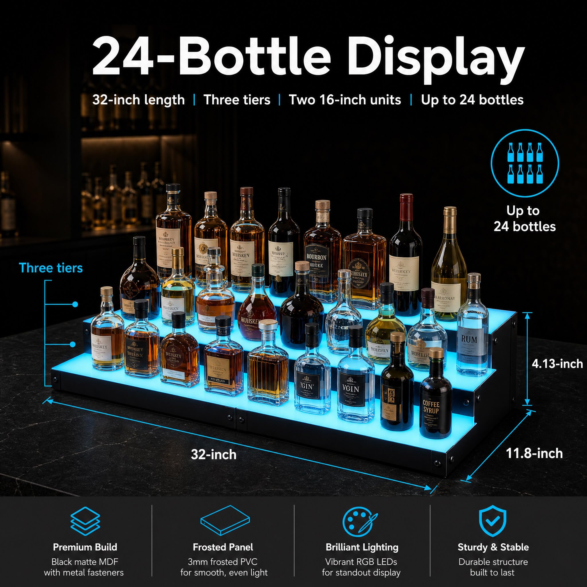 Étagère à 3 niveaux pour bouteilles de liqueur à LED 81,3 cm