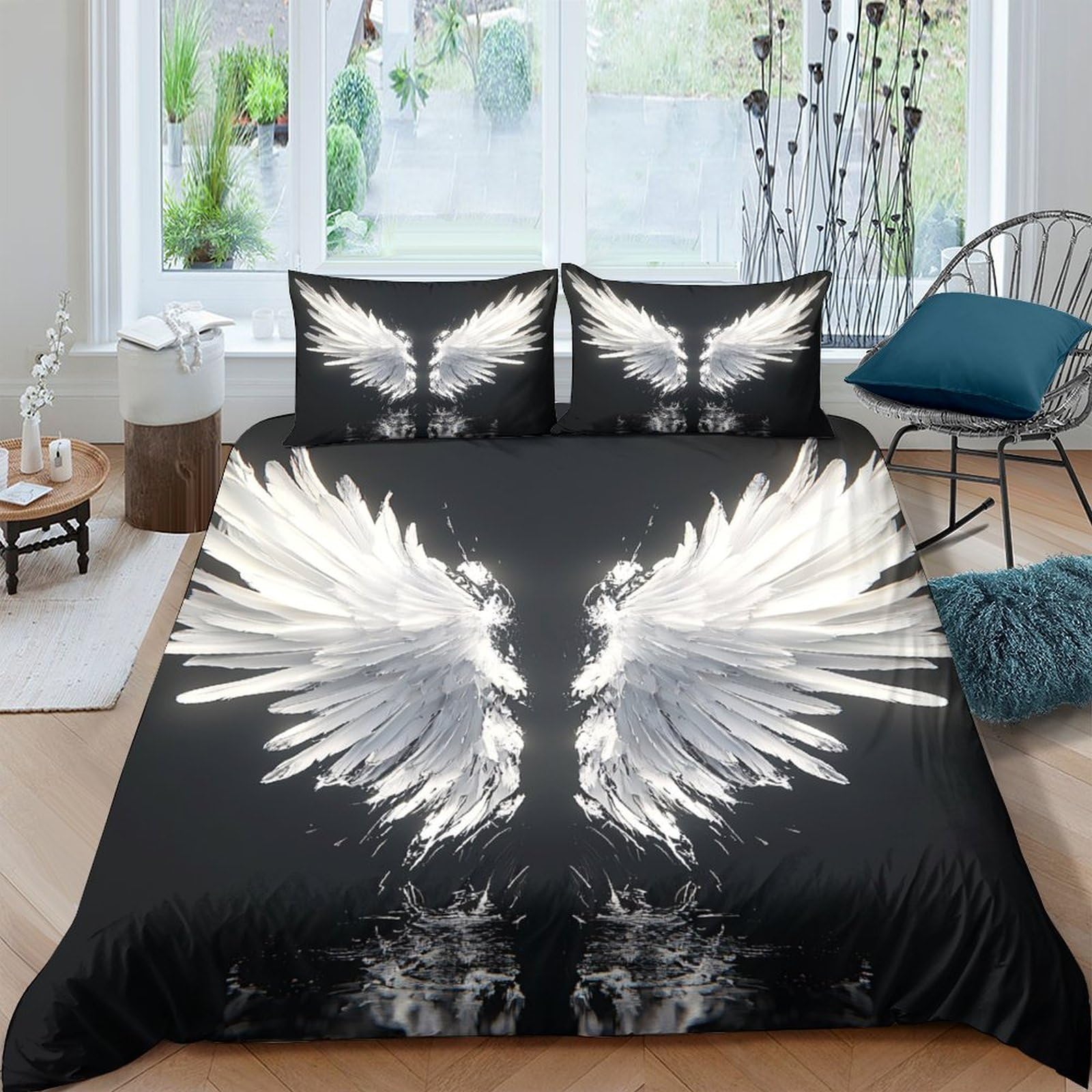 Ctjqhvkz Style-6 3D Printed Angel Wings Fitted Sheet Microfiber Black White Feather Mattress Cover For Bedroom Dorm Modern Decor Single（135X200cm）
