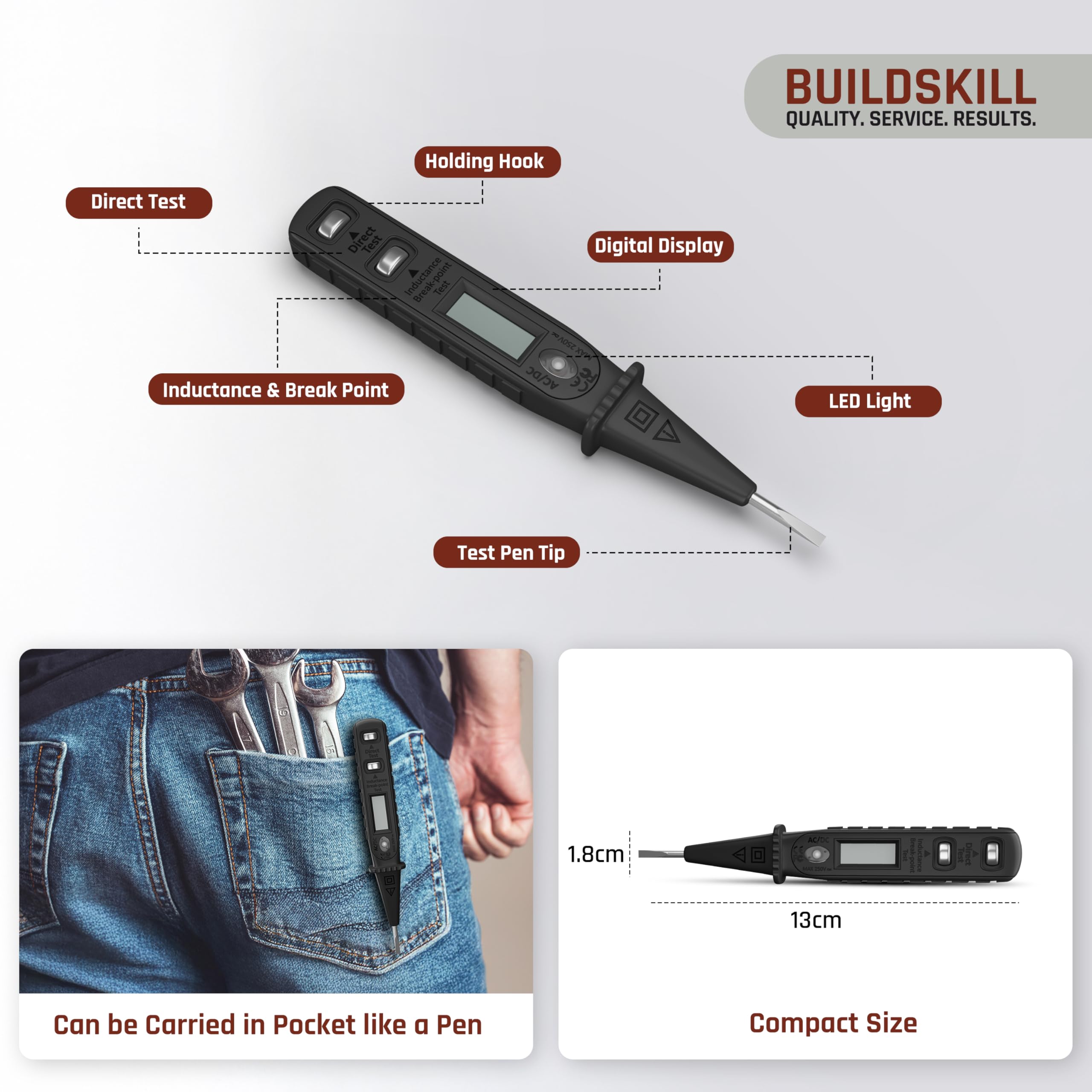BUILDSKILL Digital Voltage Tester 12V-220V AC/DC | 2-in-1 Line & Electrical Tester Pen for Circuit Check | Induction Voltage Testing | LCD Display | Breakpoint & Live Object Detection 4