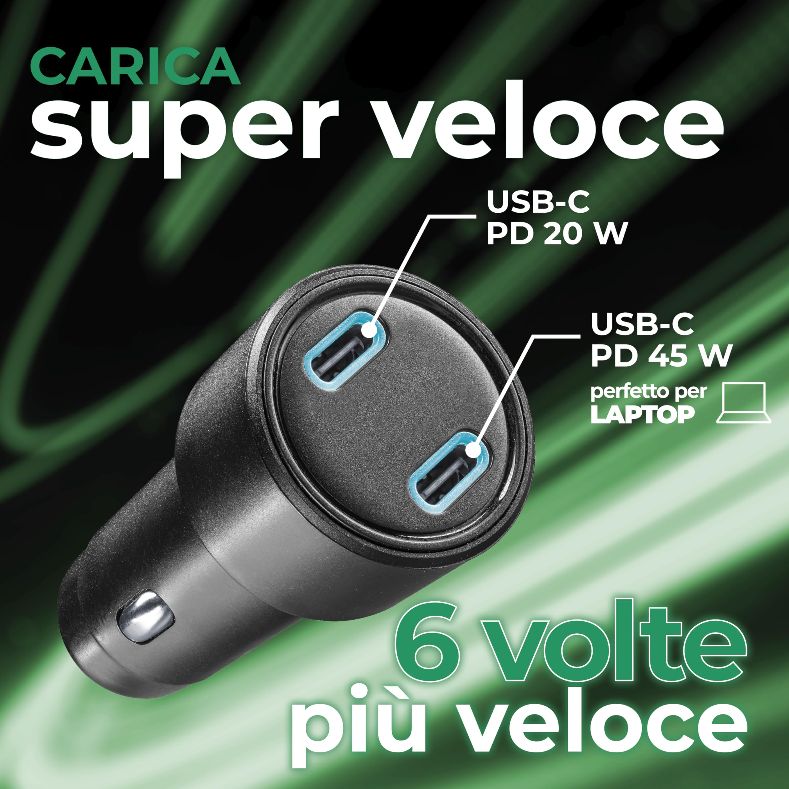 Caricabatterie Rapido 65W - 2 Porte: 1xUSB-C 20W PD + 1xUSB-C 45W PD - Cavo USB-C 1m Incluso - LED Attivo - Ricarica Sicura in Auto - Adatto a Tutti Gli Smartphone, Tablet e Laptop - Nero
