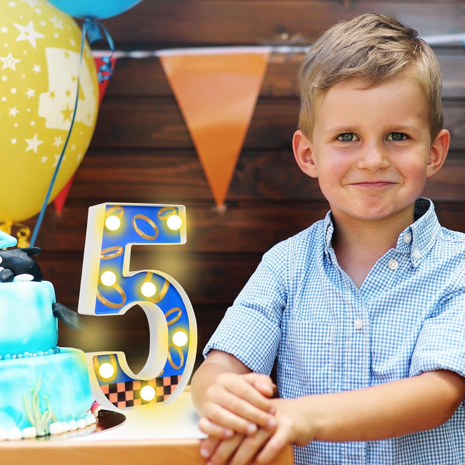 LED Numbers Night Light(5)– Light Up Number Sign for Kids Birthday Party,Marquee Numbers with Warm White Glow,Battery Operated Blue & Gold Digits for Sonic Theme,8.66 x 5.91 in