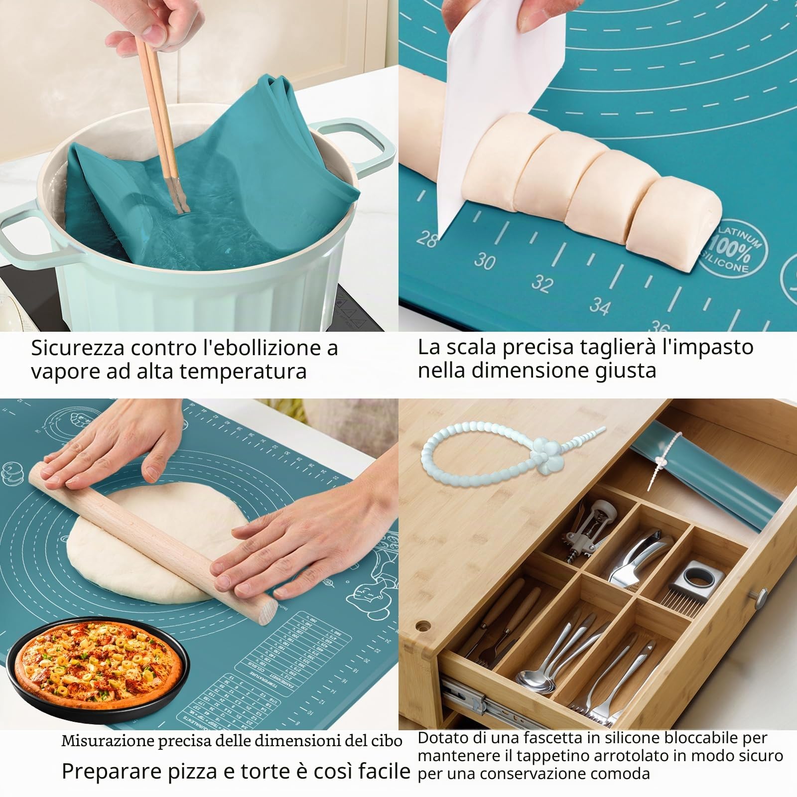 Tappetino da pasticceria in silicone, 80 x 60 cm, extra spesso, antiaderente, con misure e bordo rialzato, per pasticceria, pane, biscotti, pizza, fondente, pasta, indaco