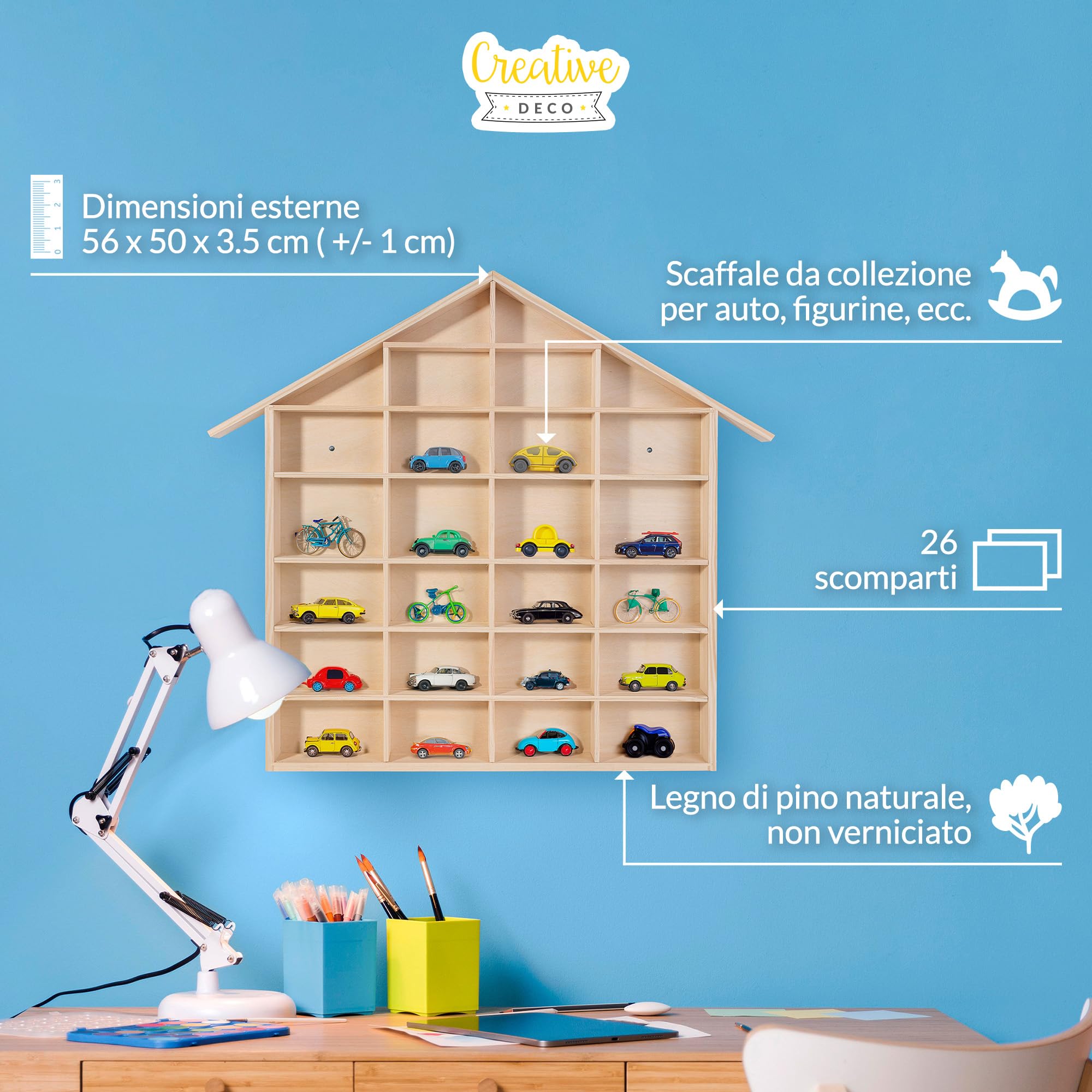 Creative Deco Bacheca da Parete Portaoggetti Scaffale Legno a Forma di Casa 56 x 50 x 3,5 cm 26 Scomparti