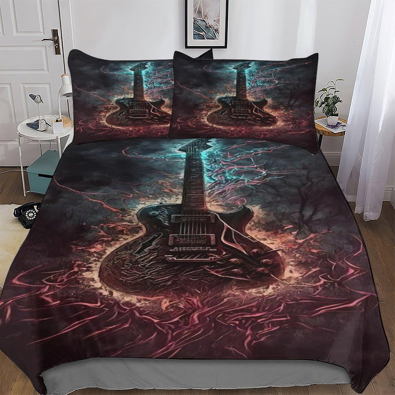 Guitars Duvet Cover Set 3D Bedding Set Microfiber Comforter Cover 3pcs with Pillow Shams, Zipper, Soft Lightweight Quilt Covers for Kids, Youth And Adult Double (200x200cm)