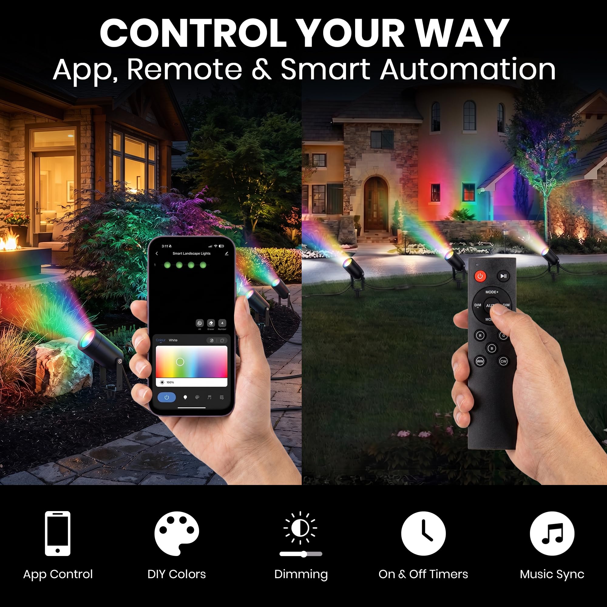 RGBWW - Faretti intelligenti per esterni, confezione da 4 pezzi, 15,2 m, 2000 lumen, dimmerabili, impermeabilità IP65, controllo Alexa e app, luci LED per paesaggi bassi