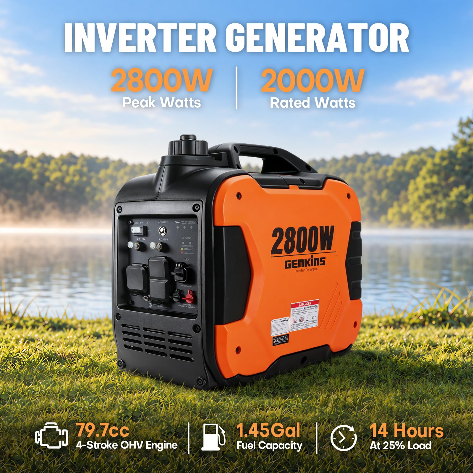 GENKINS Générateur onduleur portable 2300 W ultra silencieux alimenté au gaz, prêt pour caravane, compatible avec CARB EPA, expédition dans 50 États et Porto Rico