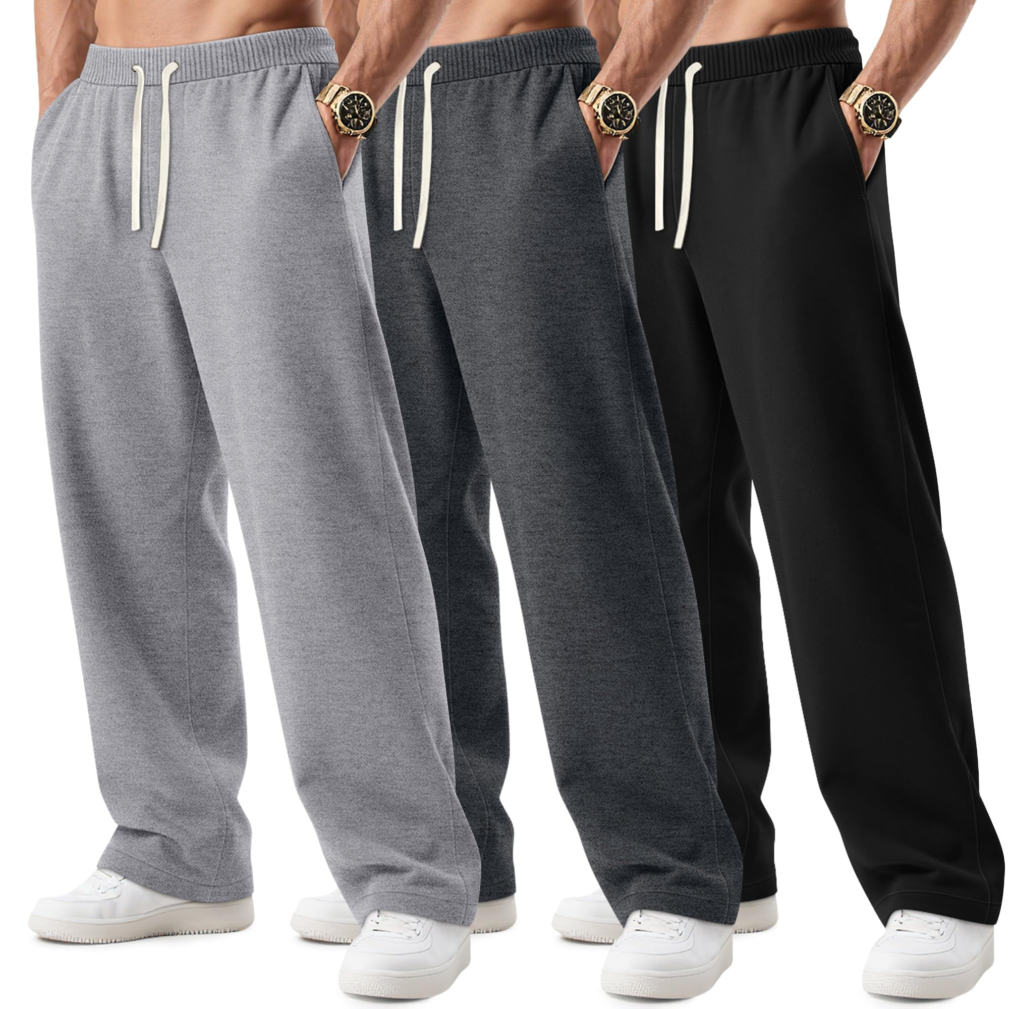 3 Pack Big and Tall Mens Sweatpants Open Bottom Athletic Pants Drawstring Elastic Waist with Pockets