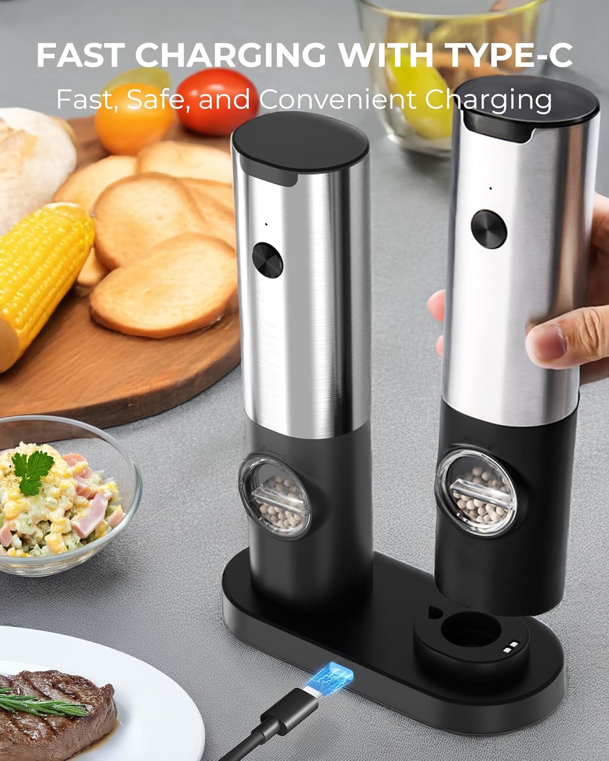 Electric Salt & Pepper Grinder Set - USB-C Rechargeable with LED Light & Charging Dock, 5 Adjustable Coarseness Settings, One-Touch Automatic Mills for Kitchen, Dining, and Gifts