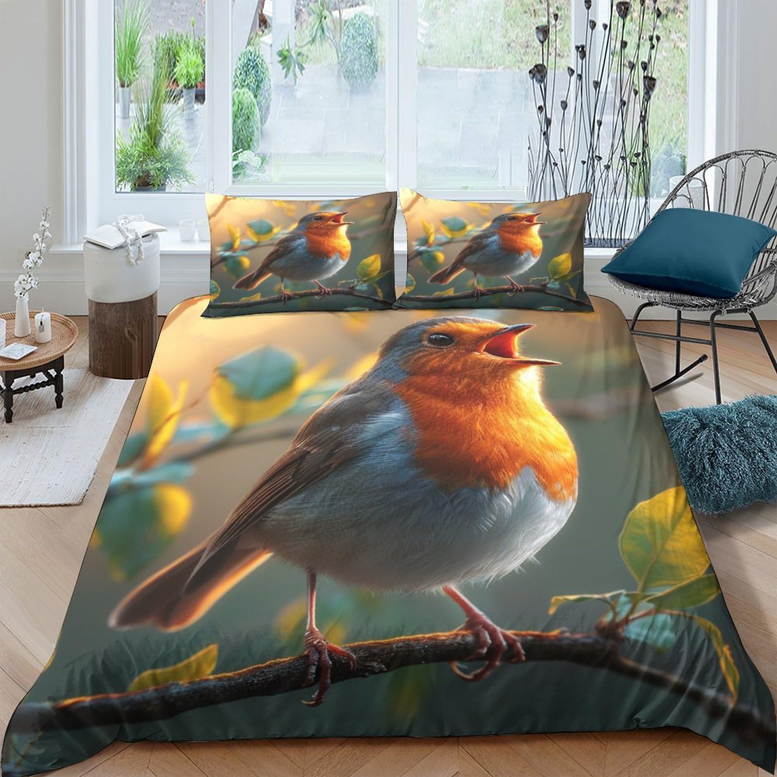 Gparsddio Style-7 Robin Bird Duvet Cover Set 3 Pcs Hotel Quality Quilt Cover Bedding Sets Bed Covers With Pillowcases With Zipper Closure Ultra Soft Hypoallergenic Microfiber Double（200X200cm）