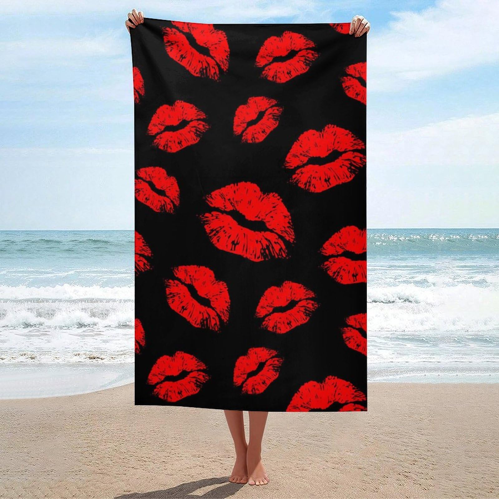 LEDFCVSU Beach Towel, Red Lips Bath Towel, Absorbent Towel for Swimming, Sports, Travel