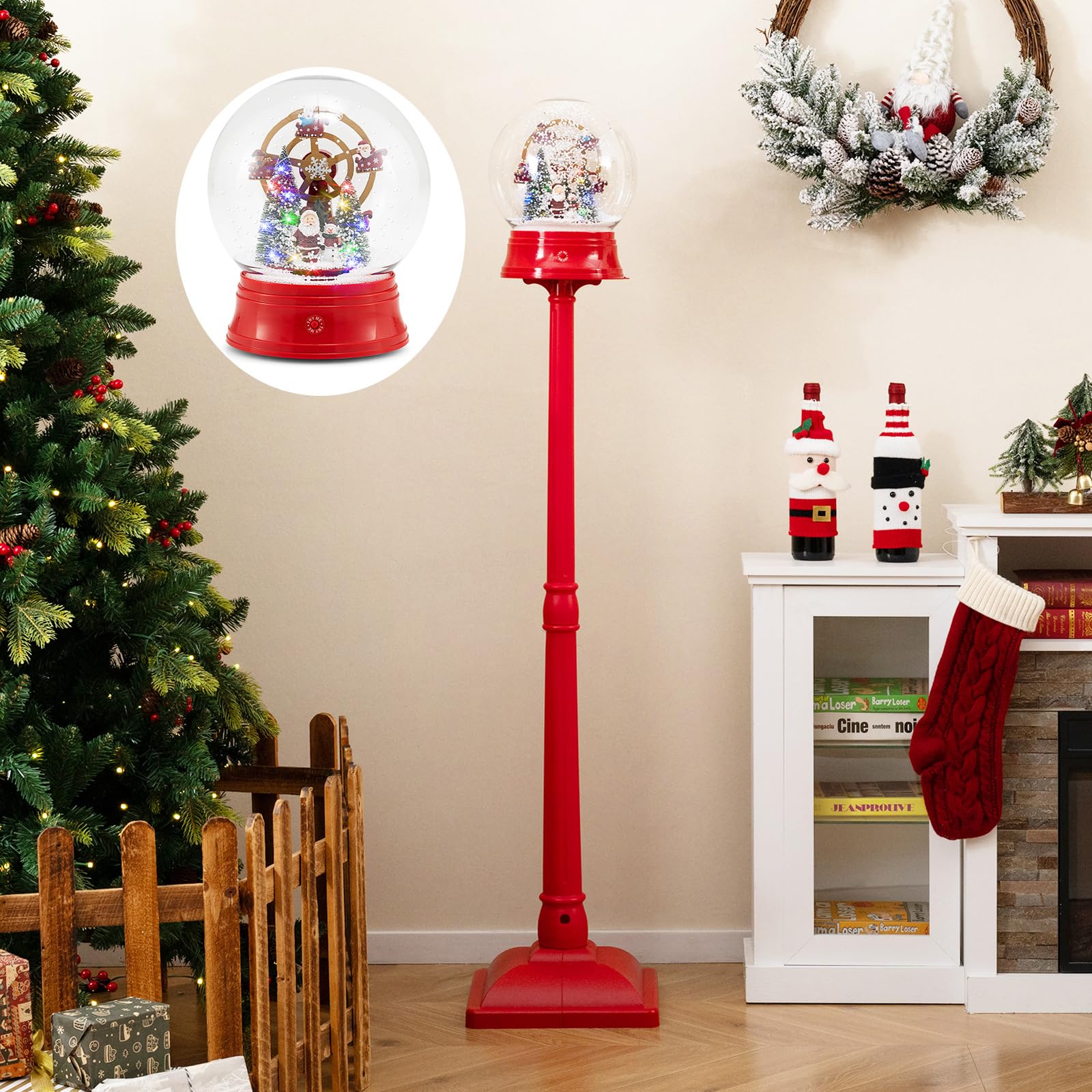 GOPLUS Lampadaire Noël 153 cm avec Lumières LED, Décoration Noel Exterieur Carrousel Rotatif avec 8 Chansons, Scène Festive, Lanterne Boule à Neige Noel, Interieur Exterieur (Grande Roue)