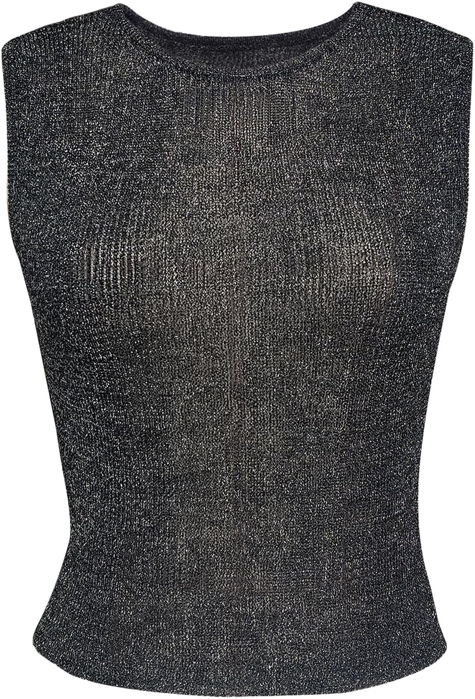 Women’s Sexy Knitted Glitter Crop Tank Top Sheer Mesh Crew Neck Sleeveless Cropped Shirt Blouse - Image 5