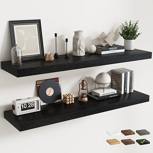 Miniatura 23 de Estantes flotantes para pared con soportes invisibles, estantes de madera de ingeniería montados en la pared con grano de madera para sala de estar,