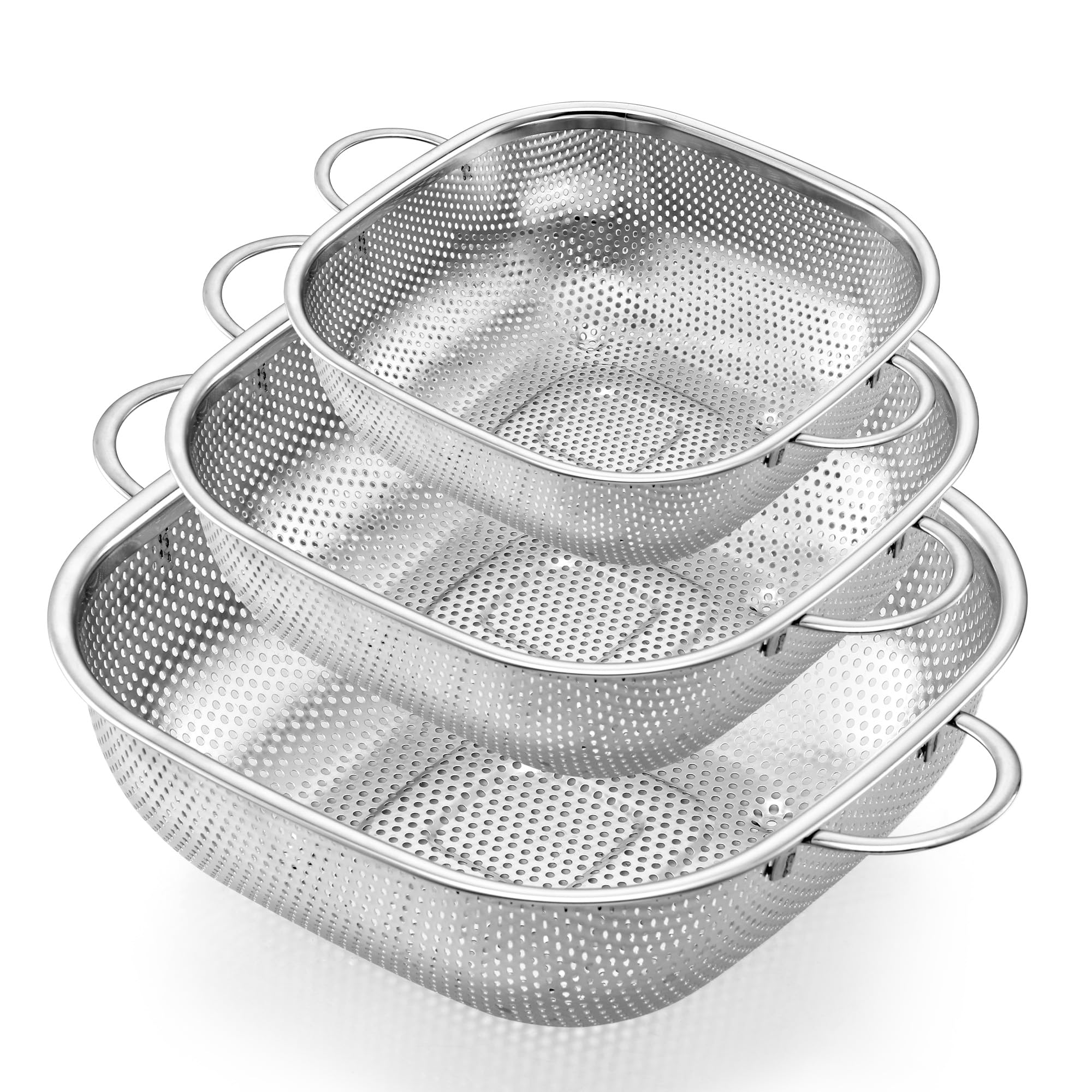 Herogo Set di 3 colini quadrati in acciaio inox per cucina | Colino da cucina in metallo con piedini rialzati, ideale per scolare/scolare/pulire verdura/pasta/frutta