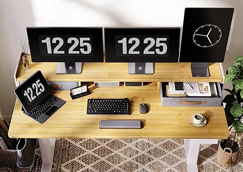 Miniatura 2 de INNOVAR Escritorio de pie con cajones, escritorio de bambú de 55 x 24 pulgadas con estante de almacenamiento, escritorio eléctrico para oficina en