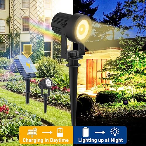 Miniatura 3 de T-SUNUS Focos solares de paisaje blanco cálido, luces solares impermeables IP65, cable de 9.8 pies, luz solar para exteriores, panel separado de