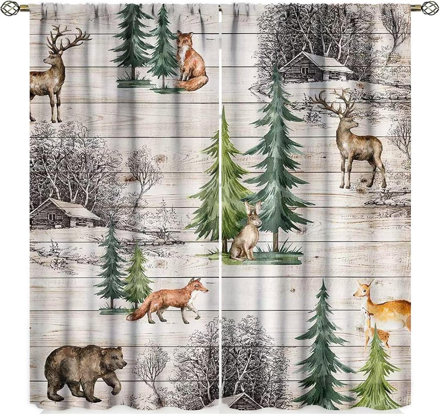 Retro Rusticd Curtains, Lodge Bear Moose Deer Country Style Rod Pocket Thermal Insulated Drapes Darkening Window Curtain for Girls Boy Bedroom Living Room 84x84 Inch