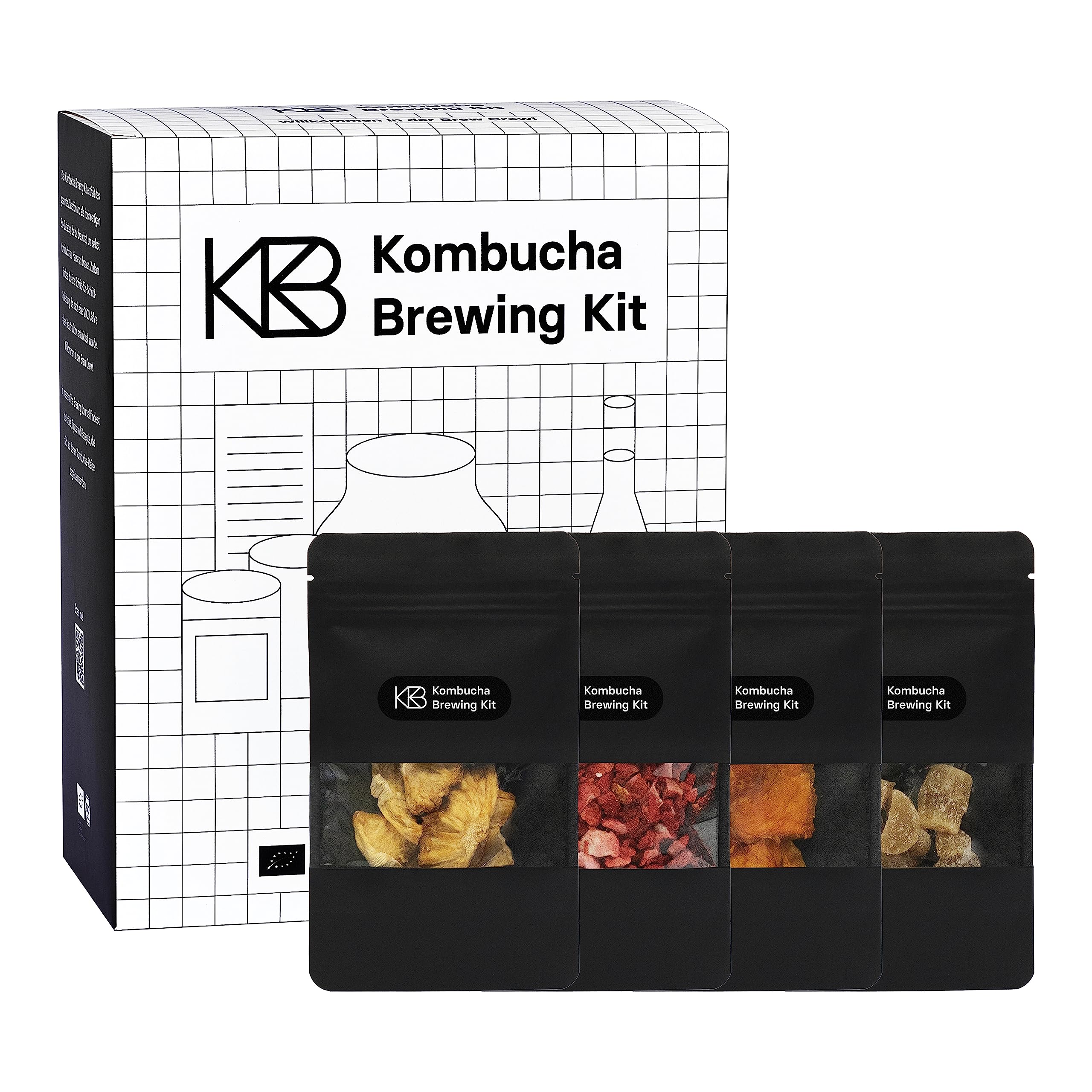 Kombucha Kit d'infusion Bundle, Kombucha Starter Kit avec culture bio Scoty et 4 saveurs d'infusion, avec récipient de fermentation, bouteille à repasser, sucre de canne brut bio, paille en verre
