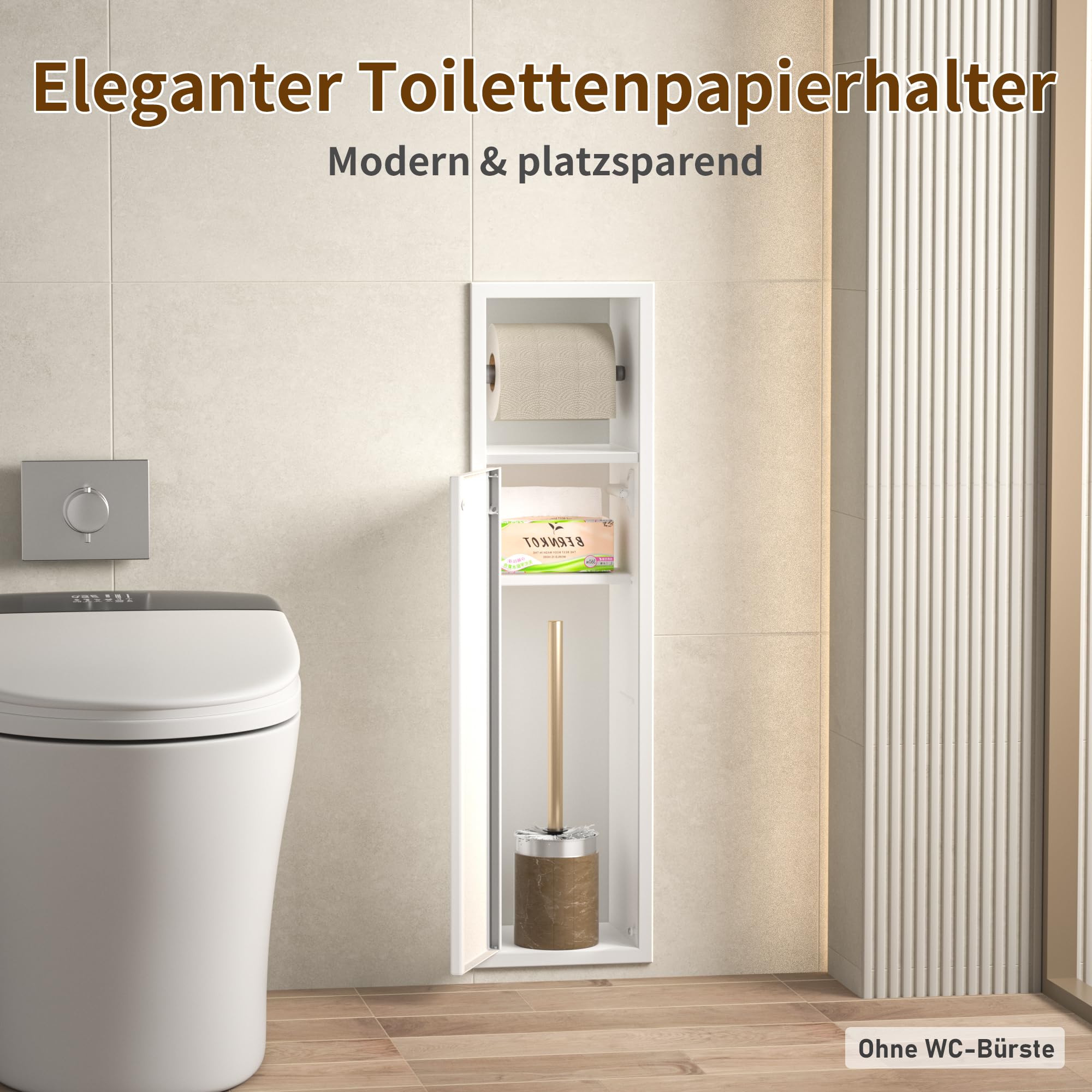 Unterputz Toilettenpapierhalter Edelstahl,Einbauschrank WC Toilettenpapierhalter mit Aufbewahrung, Klopapierhalter Weiß