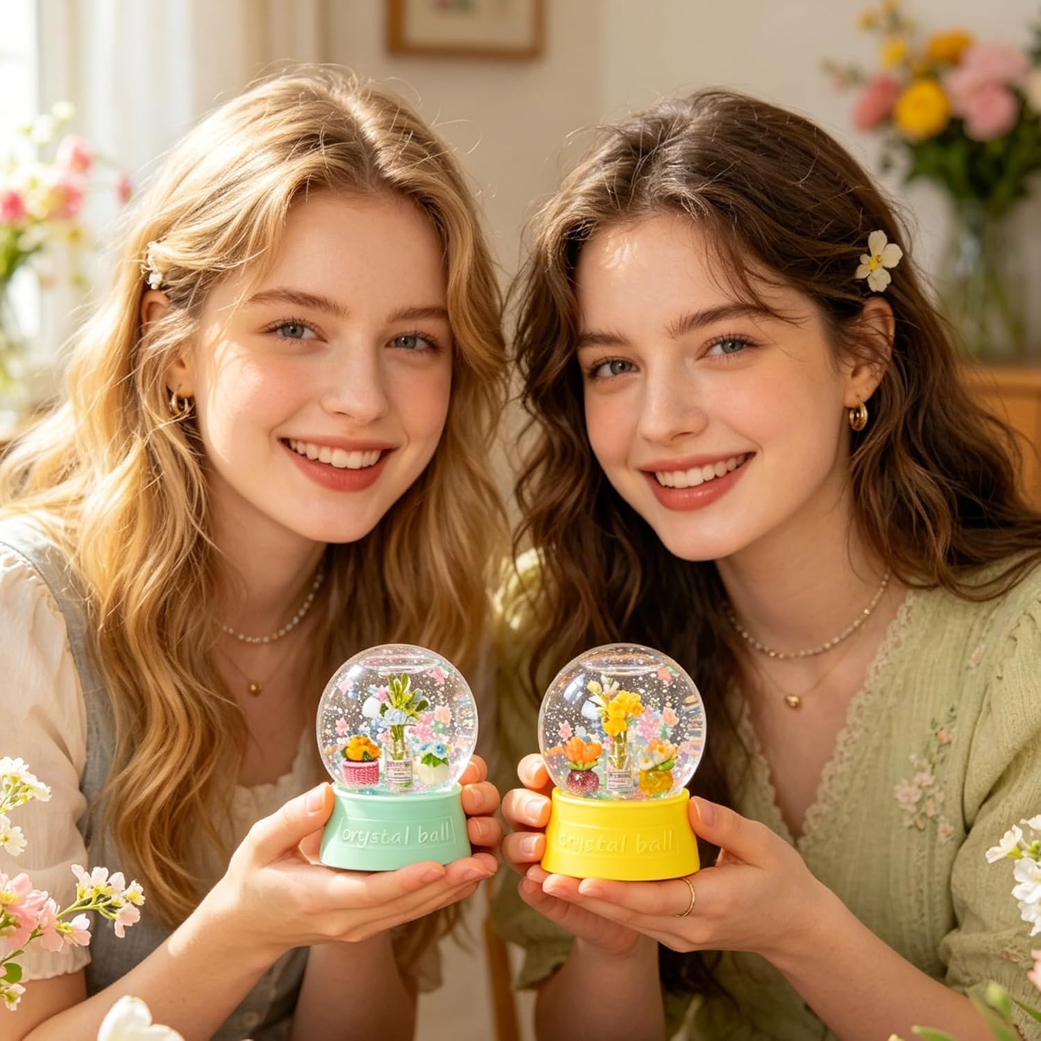 Flowers Snow Globes Craft Kit - 8 Set DIY Mother's Day Plastic Snow Globe Craft with Mini Resin Tulips, Make Your Own Party Decor with Glitter for Classroom Activity Gifts (Colorful)