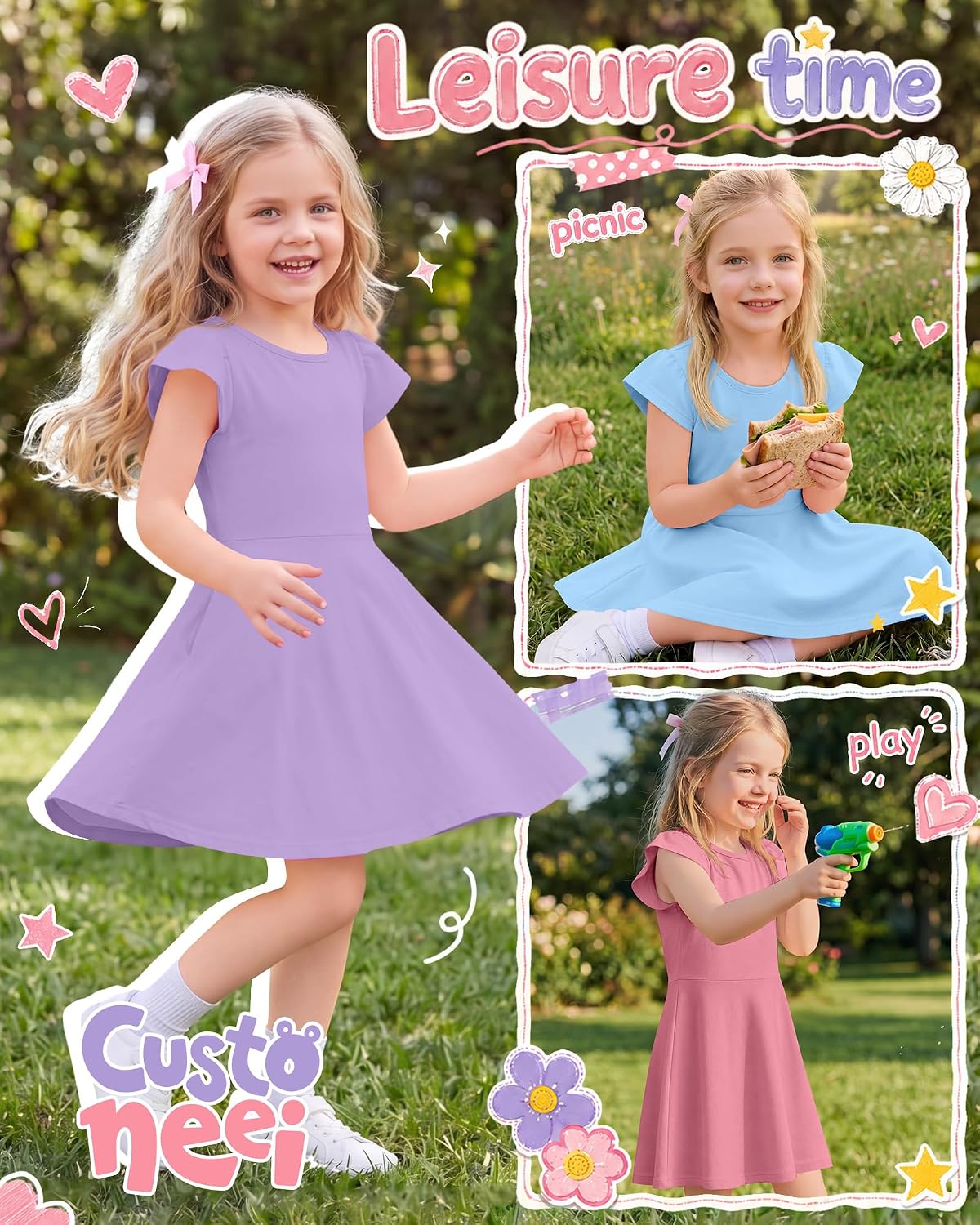 3 Pack Toddler Girls' Dresses Summer Flutter Sleeve Sundresses Cute Casual Crew Neck Knee Length Dresses 18M-5T